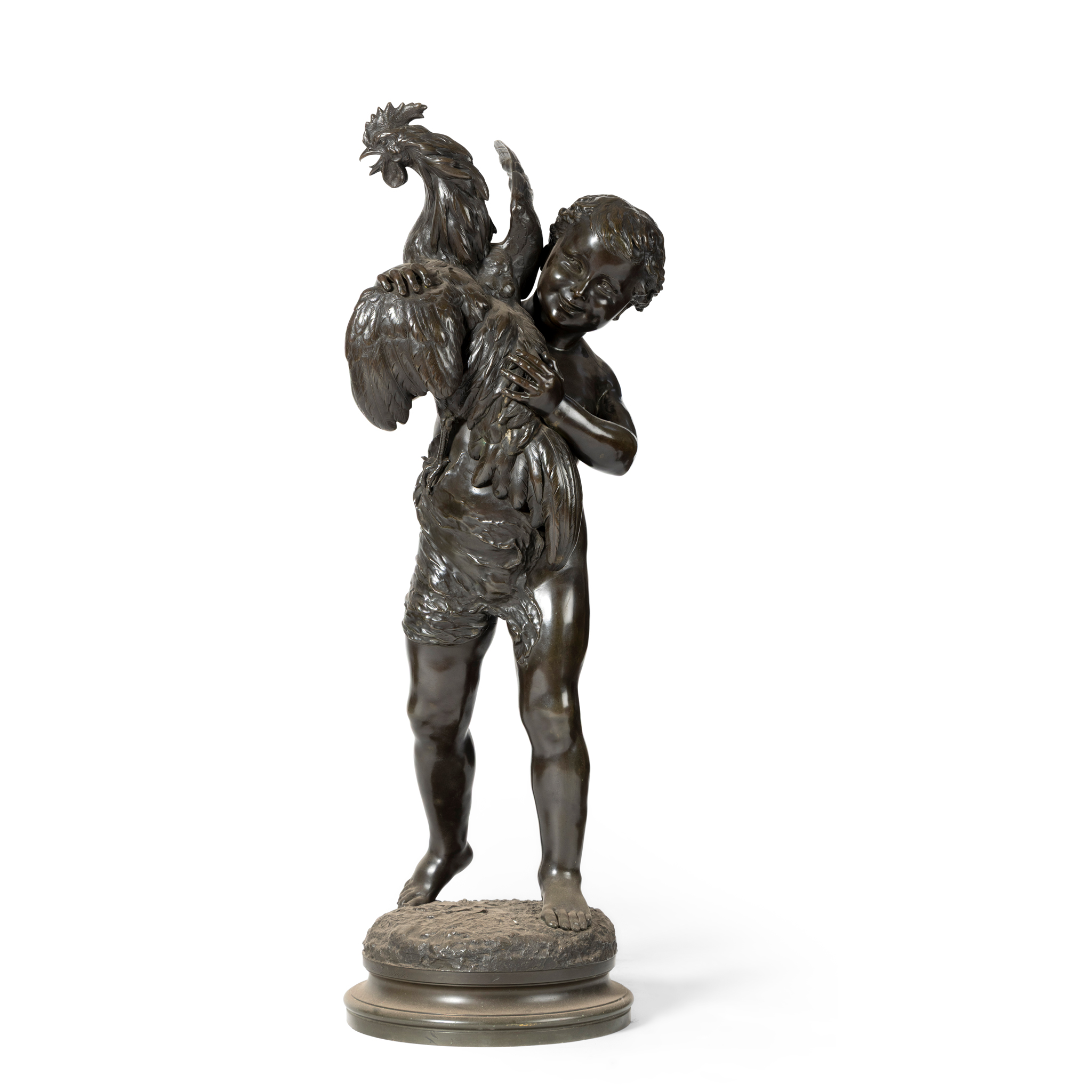 A BRONZE FIGURE OF A YOUNG BOY HOLDING A COCKEREL, AFTER EMILE LAPORTE (FRENCH 1858-1907)