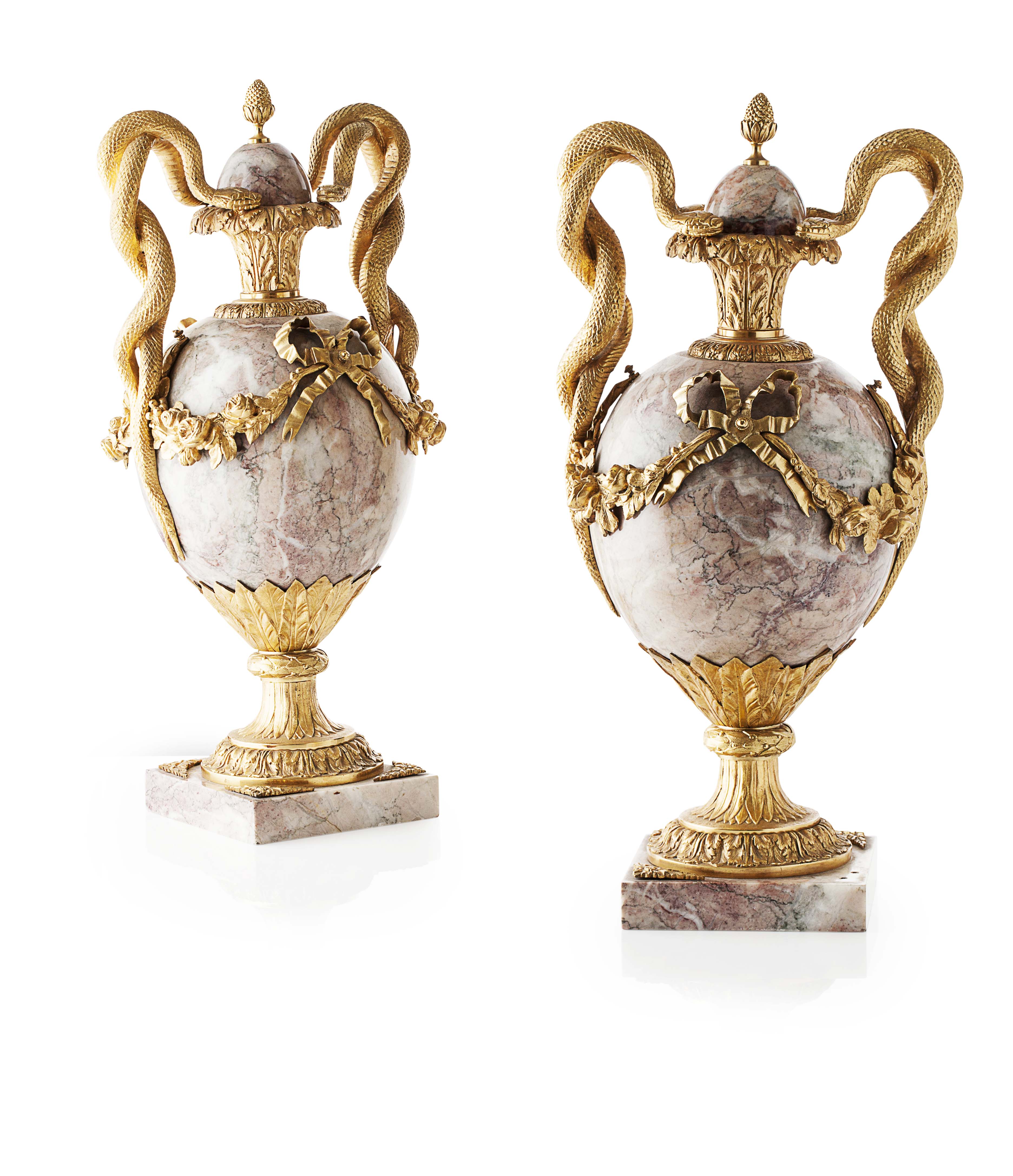 PAIR OF LOUIS XIV STYLE MARBLE AND GILT BRONZE MOUNTED SNAKE HANDLE URNS AND COVERS