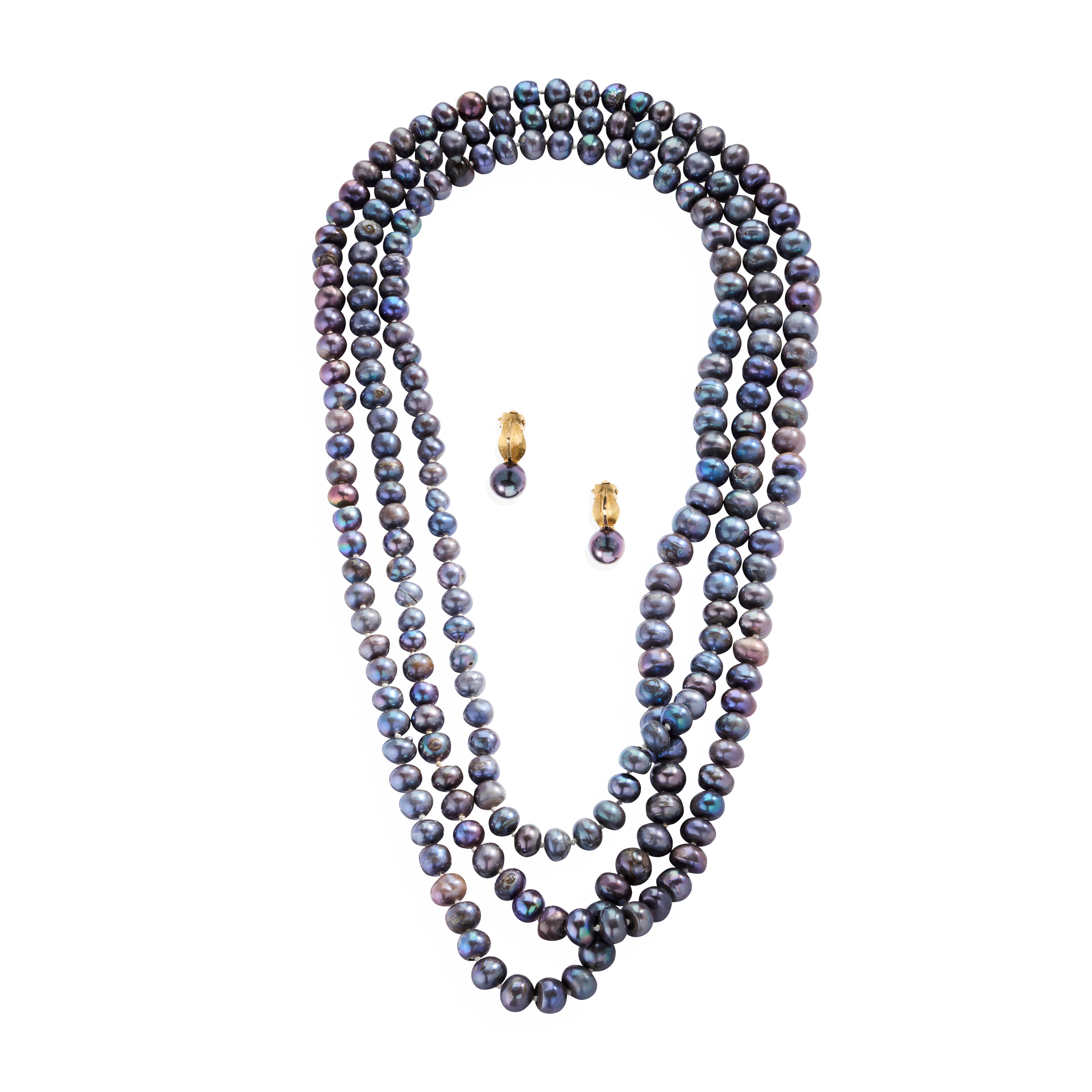 A cultured grey pearl necklace and matching earrings