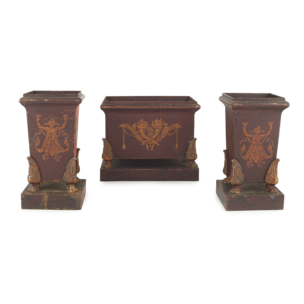 FRENCH THREE PIECE TOLEWARE GARNITURE