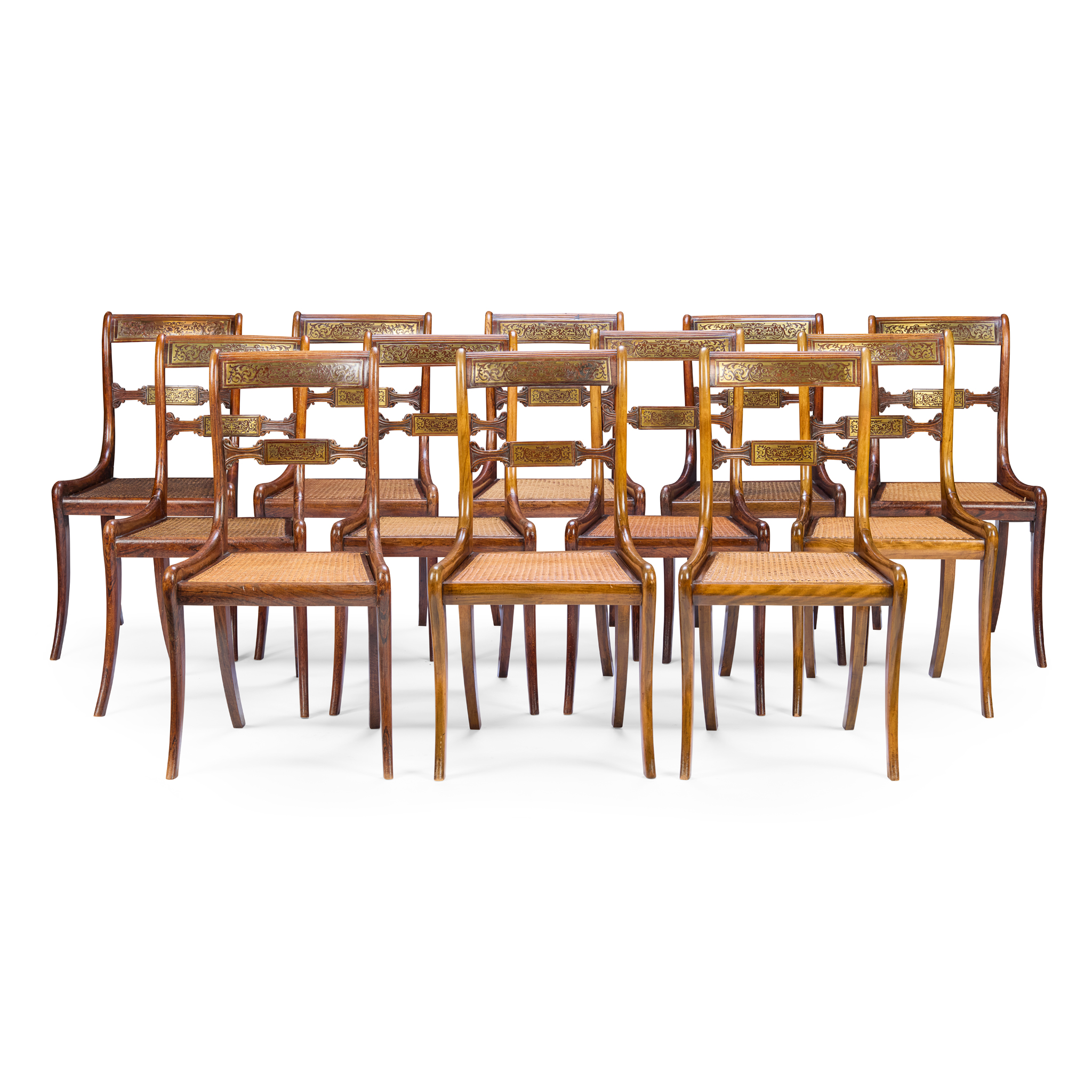 SET OF TWELVE REGENCY GRAINED PAINTED SIMULATED ROSEWOOD BRASS INLAID DINING CHAIRS