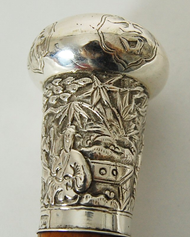 CHINESE EXPORT SILVER AND MALACCA WALKING STICK