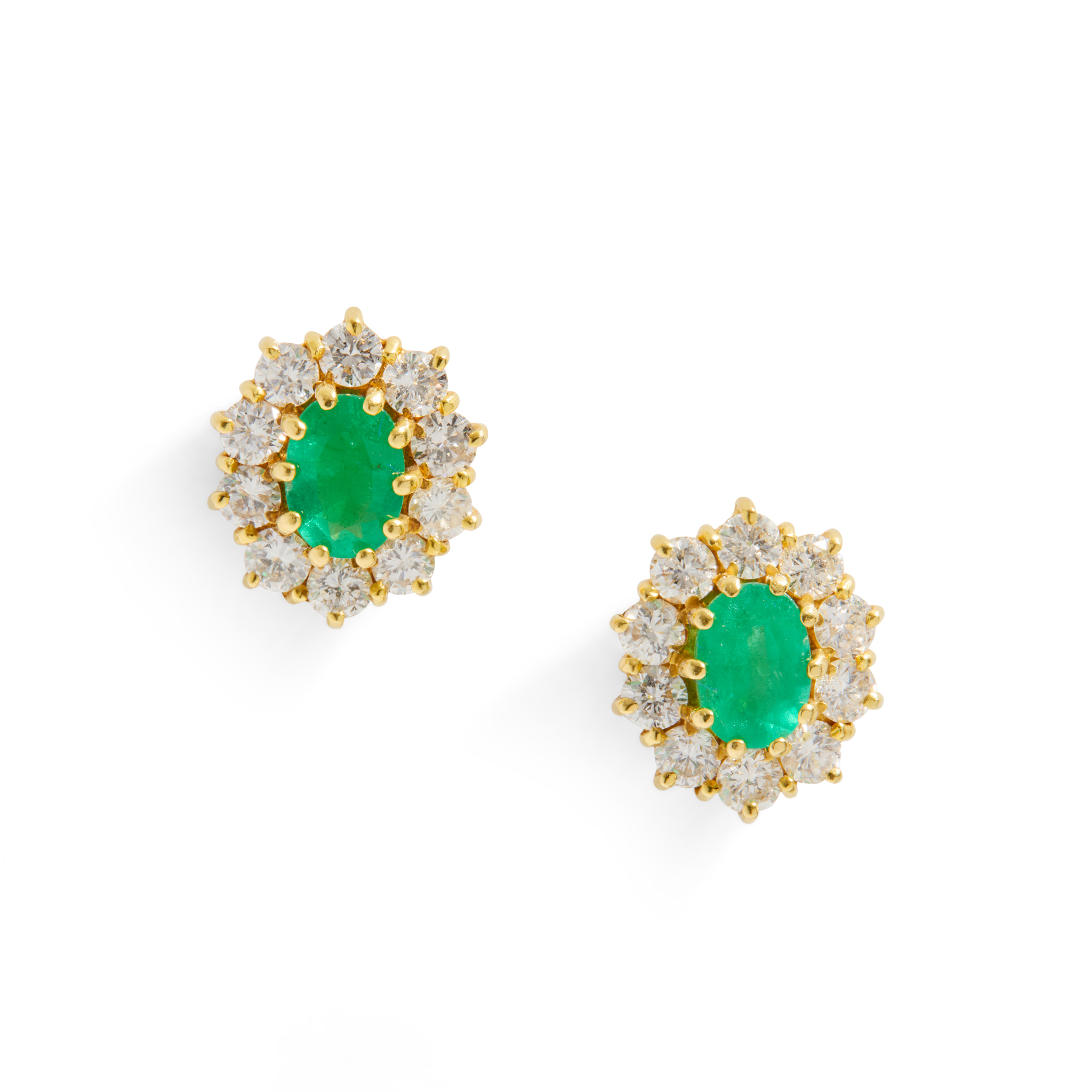 A pair of 18ct gold emerald and diamond cluster earrings