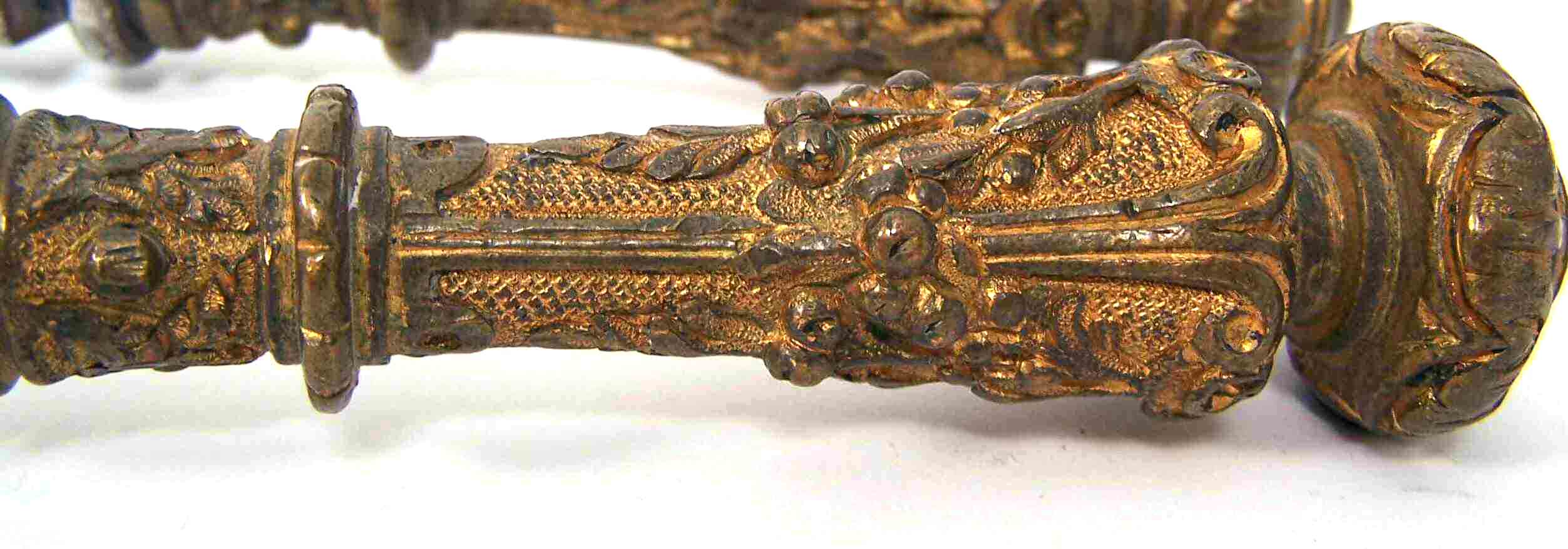 A set of three early Victorian brass and steel fire irons