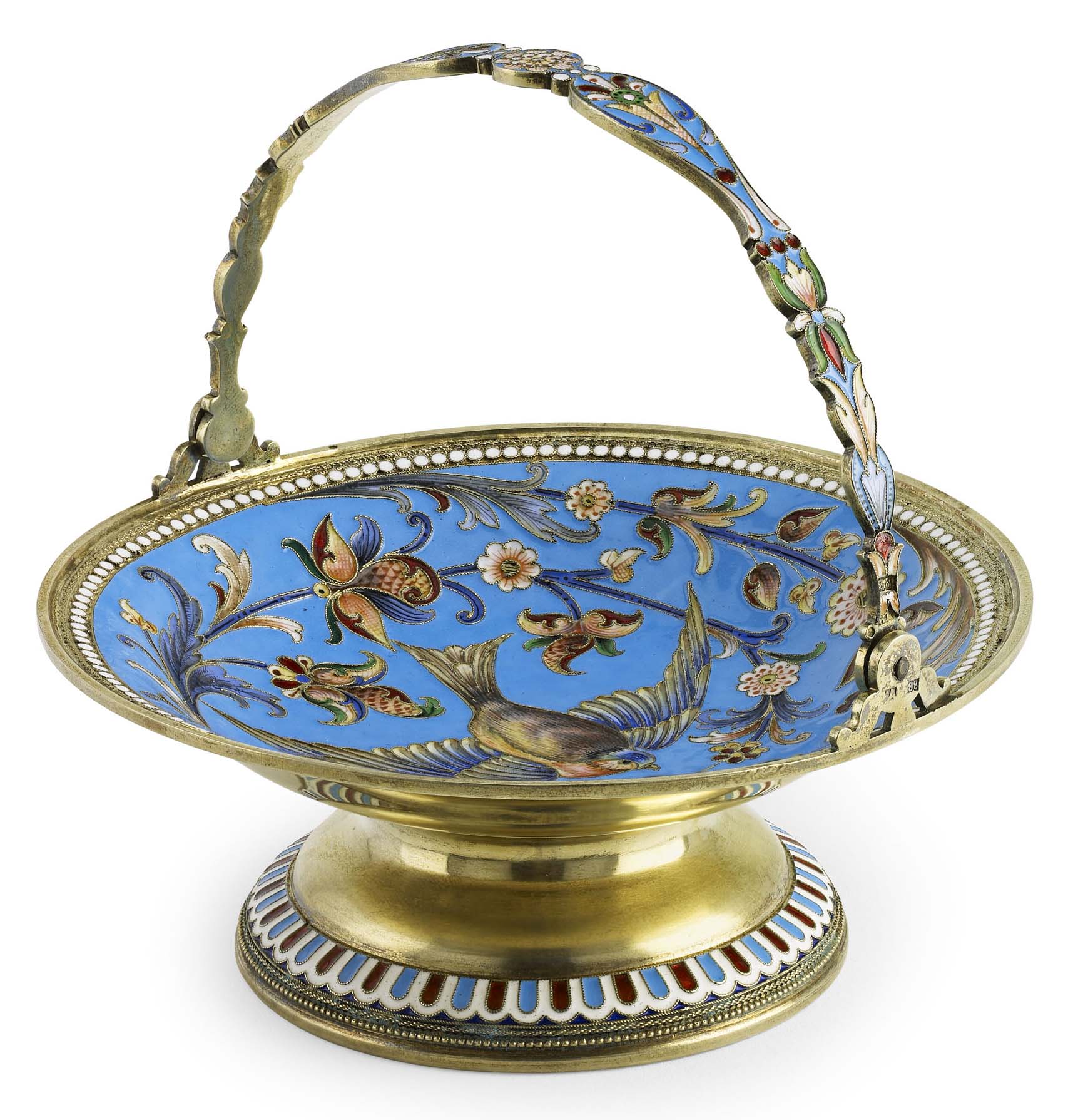 A Russian silver-gilt and shaded cloisonné enamel swing-handle cake-basket
