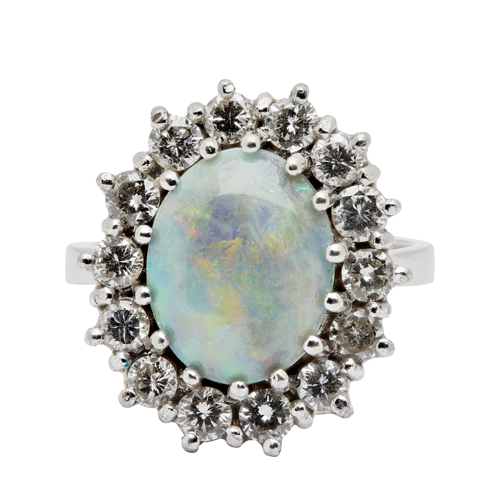 An opal and diamond set cluster ring