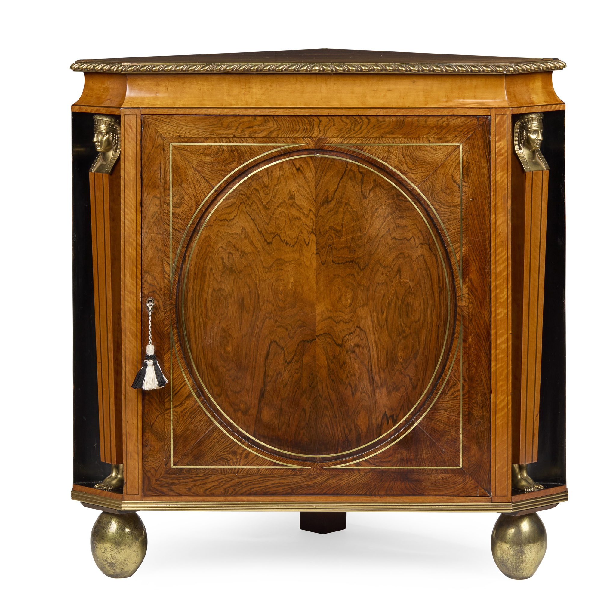 REGENCY KINGWOOD AND SATINWOOD BRASS MOUNTED CORNER CABINET