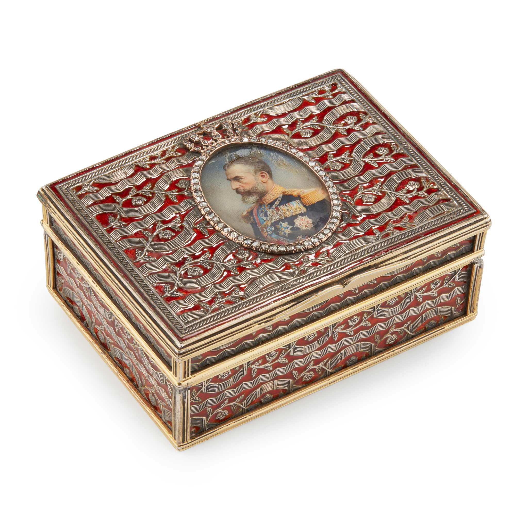 A LATE 19TH CENTURY GERMAN SILVER GILT, ENAMEL AND DIAMOND SET TABLE SNUFF BOX