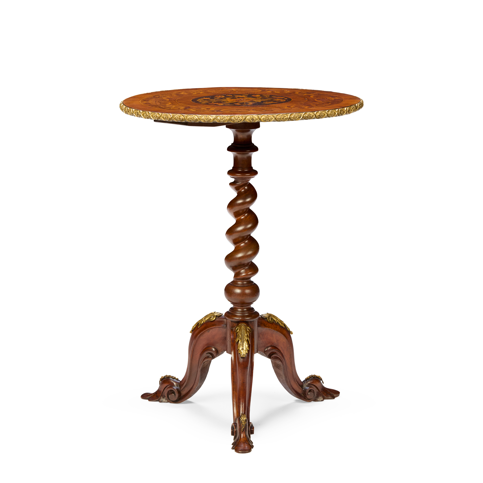 VICTORIAN WALNUT, MARQUETRY, AND GILT METAL MOUNTED TRIPOD TABLE
