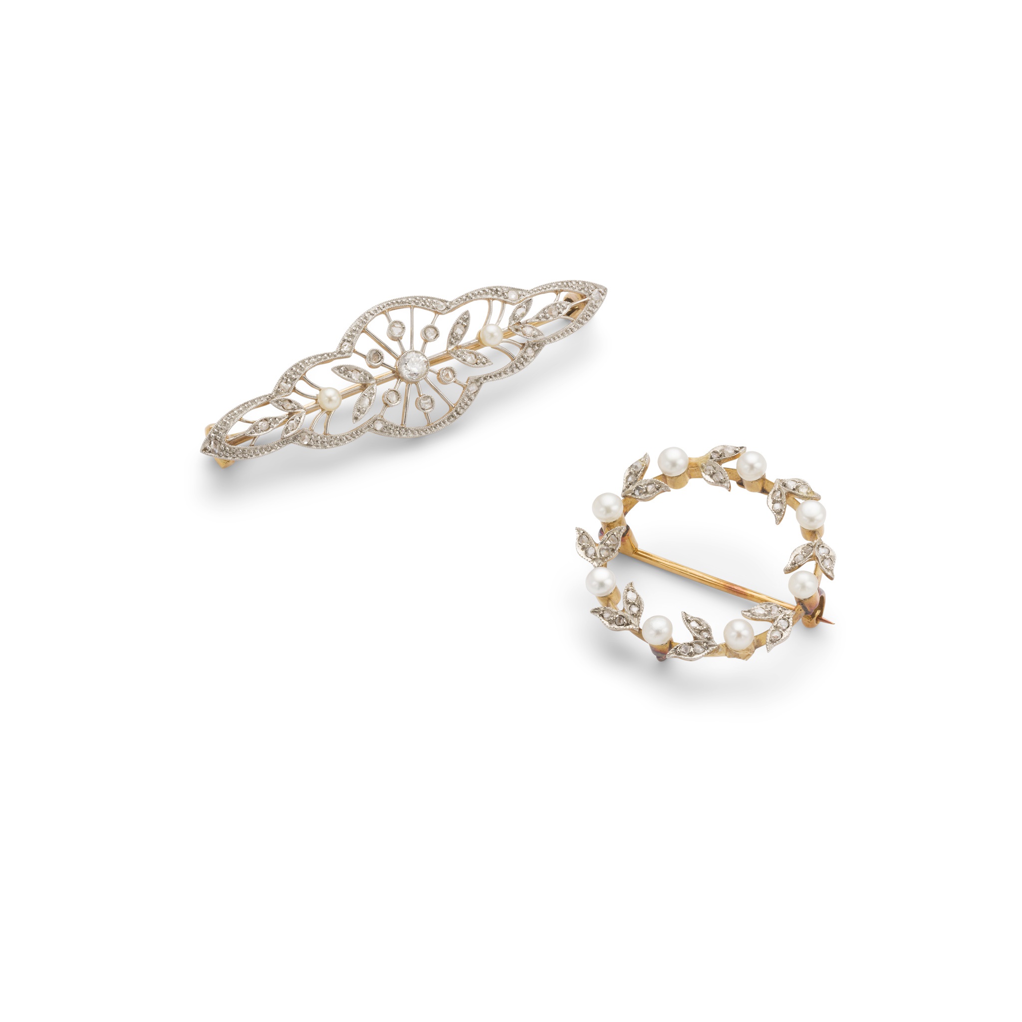 Two Belle Époque diamond and pearl brooches
