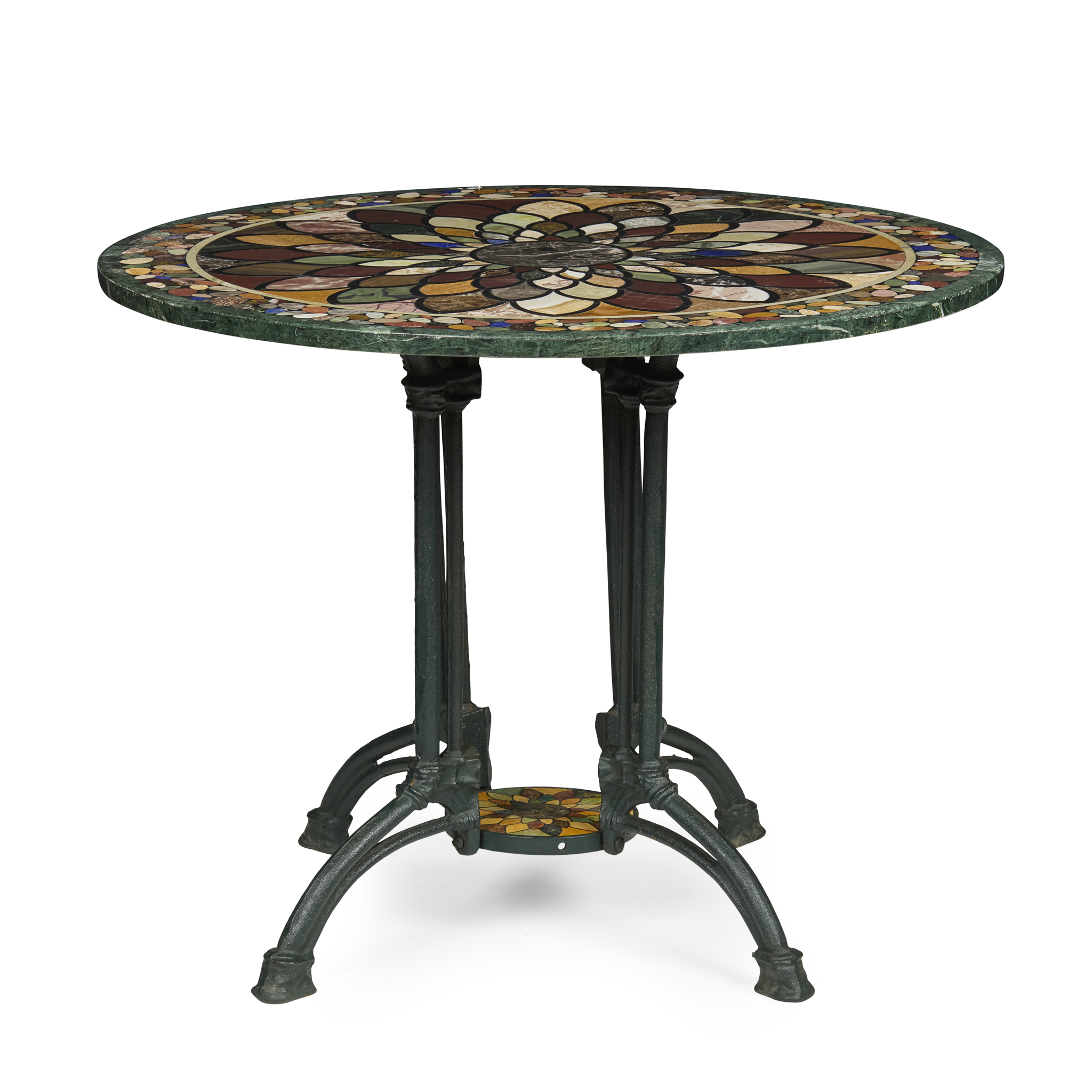 SPECIMEN MARBLE PIETRA DURA AND CAST IRON CONSERVATORY TABLE