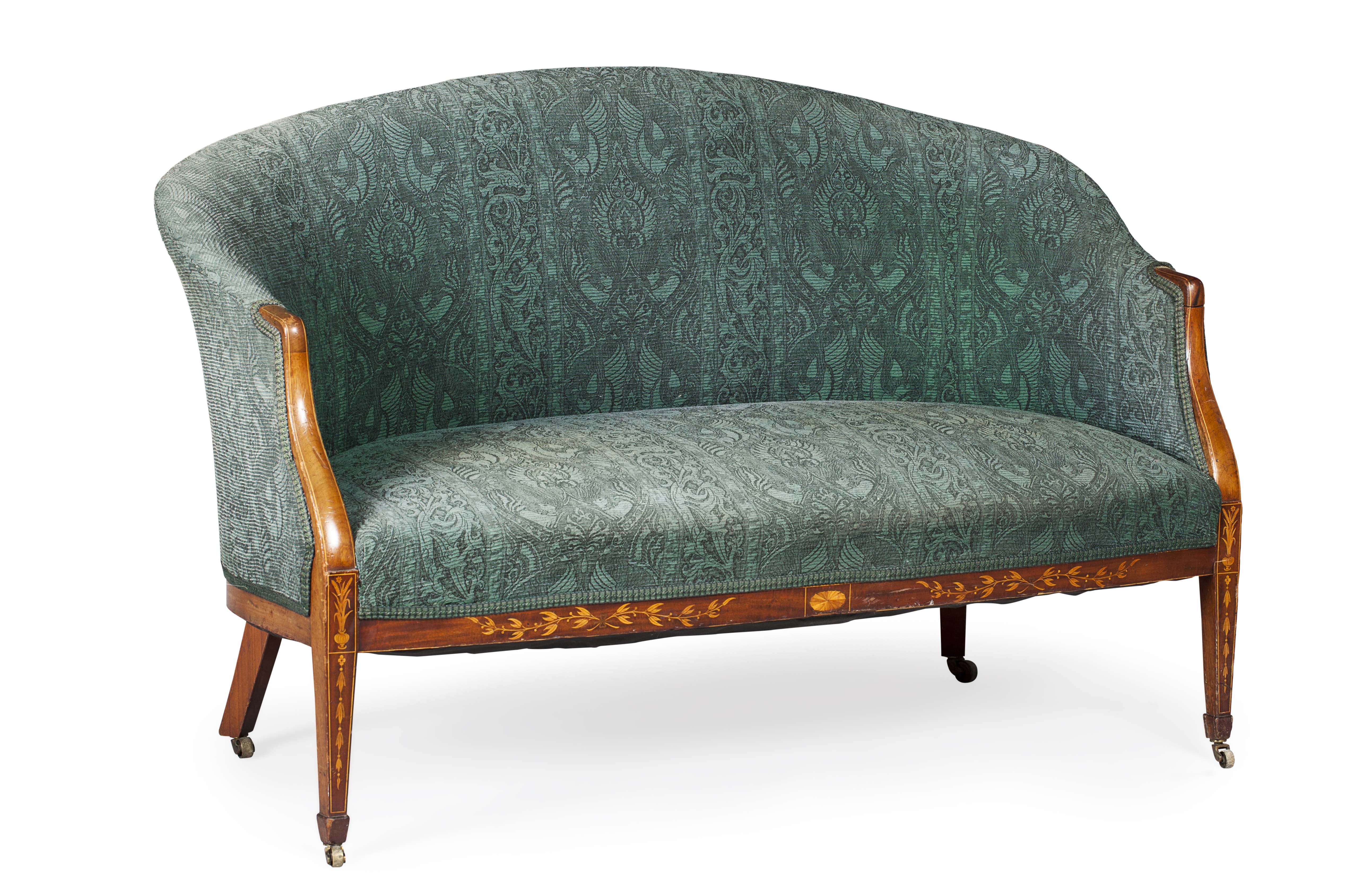 EDWARDIAN SHERATON STYLE MAHOGANY AND INLAID SOFA