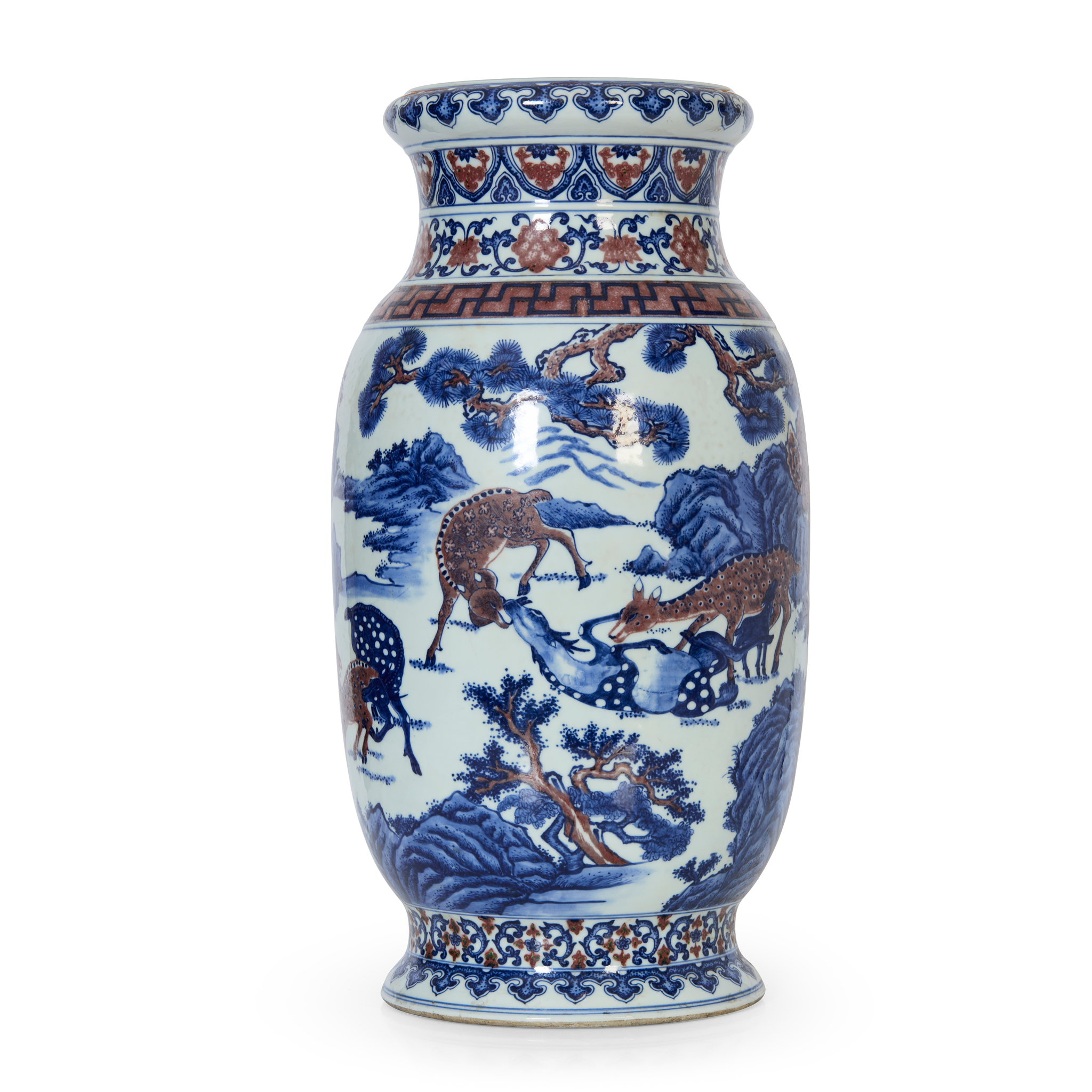 LARGE CHINESE COPPER RED WITH UNDERGLAZE BLUE 'DEER' LANTERN VASE