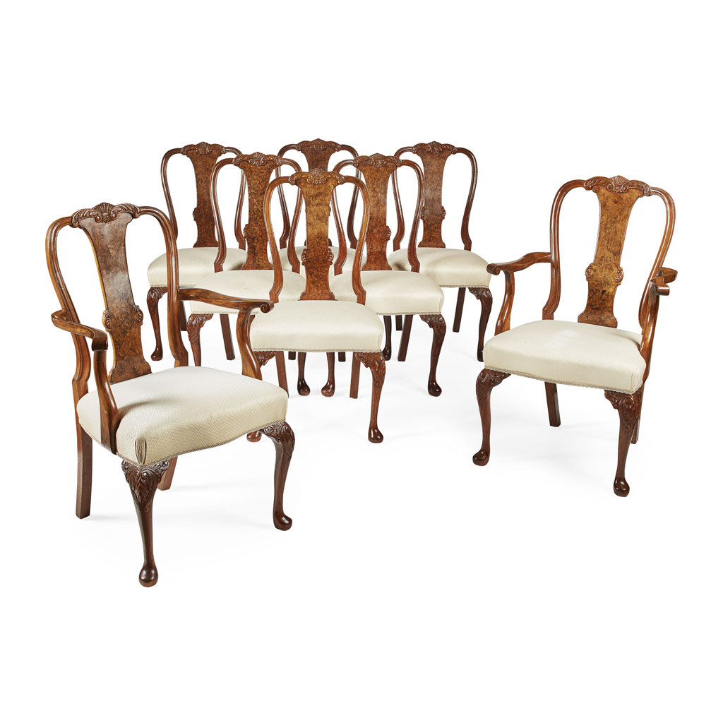 SET OF EIGHT QUEEN ANNE STYLE WALNUT DINING CHAIRS