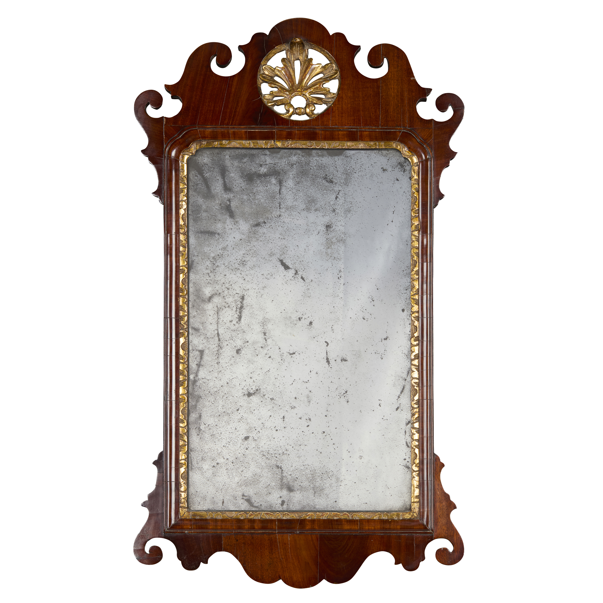 GEORGE II MAHOGANY AND PARCEL-GILT MIRROR