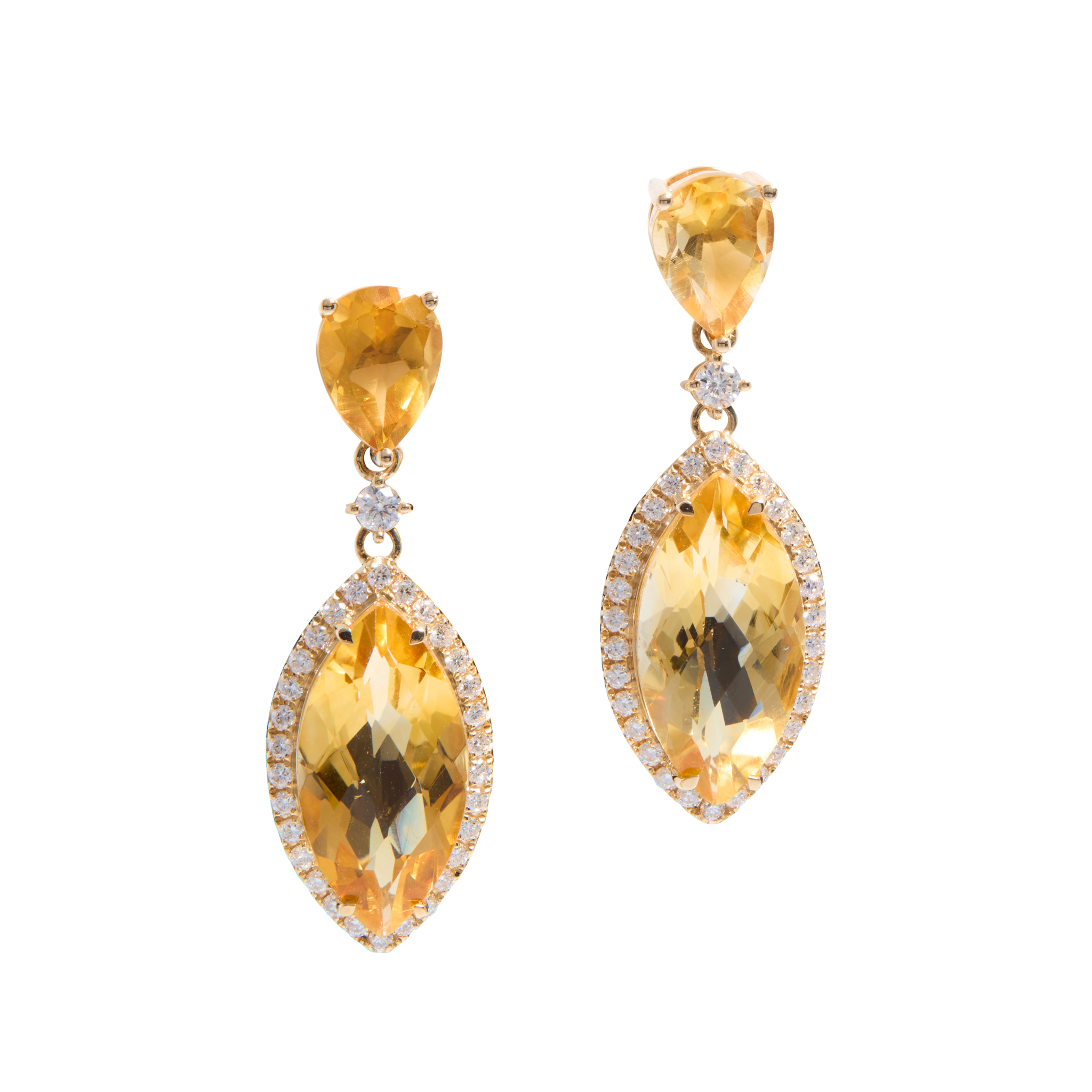 A pair of citrine and diamond pendent earrings