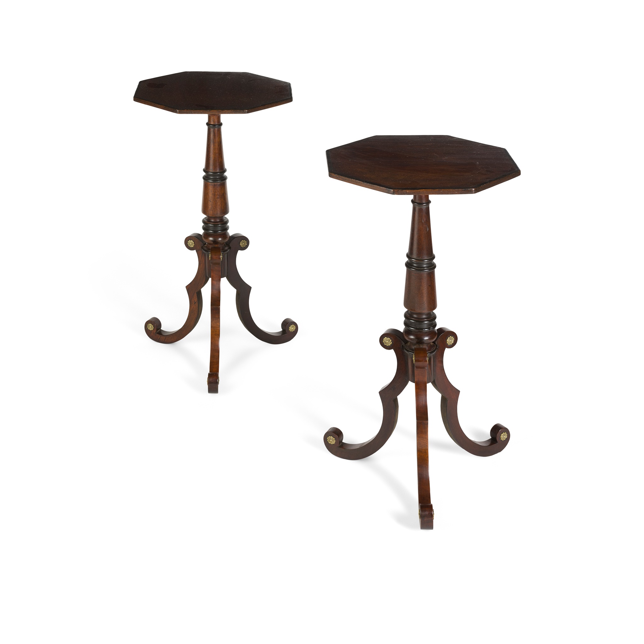 PAIR OF REGENCY MAHOGANY AND EBONISED TRIPOD TABLES