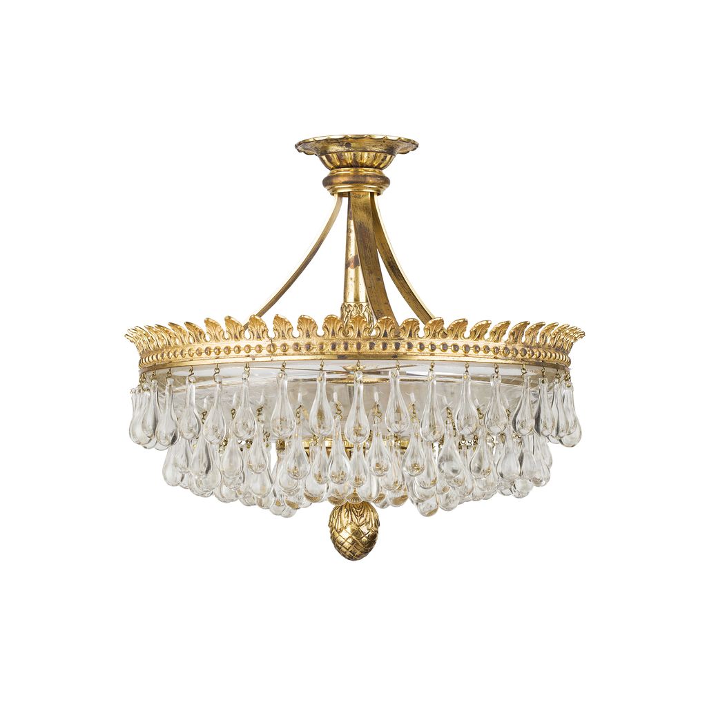 PAIR OF EMPIRE STYLE GILT METAL AND GLASS CEILING LIGHTS