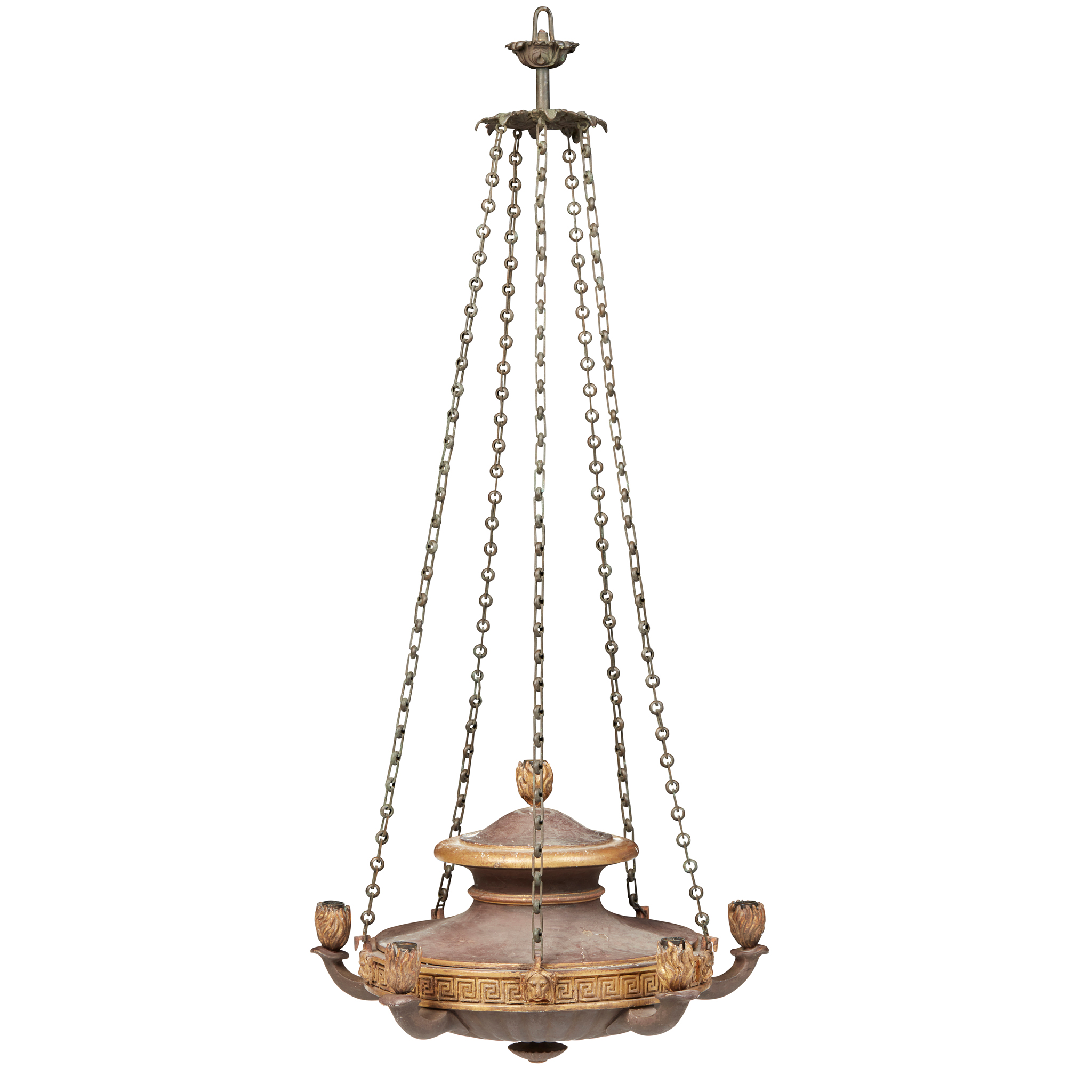 RARE REGENCY PAINTED AND PARCEL-GILT WOOD AND METAL HANGING LIGHT