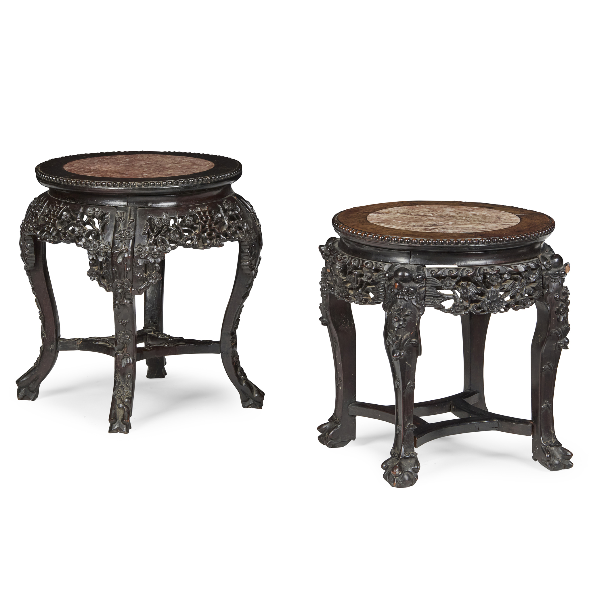 TWO CHINESE CARVED HARDWOOD MARBLE-INALID JARDINIÈRE STANDS