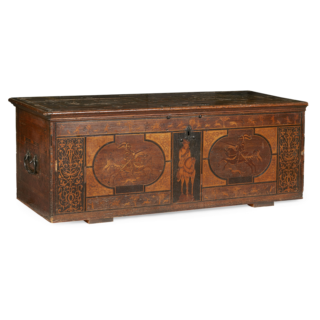 GERMAN OAK, SATINWOOD AND EBONY INLAID BLANKET CHEST