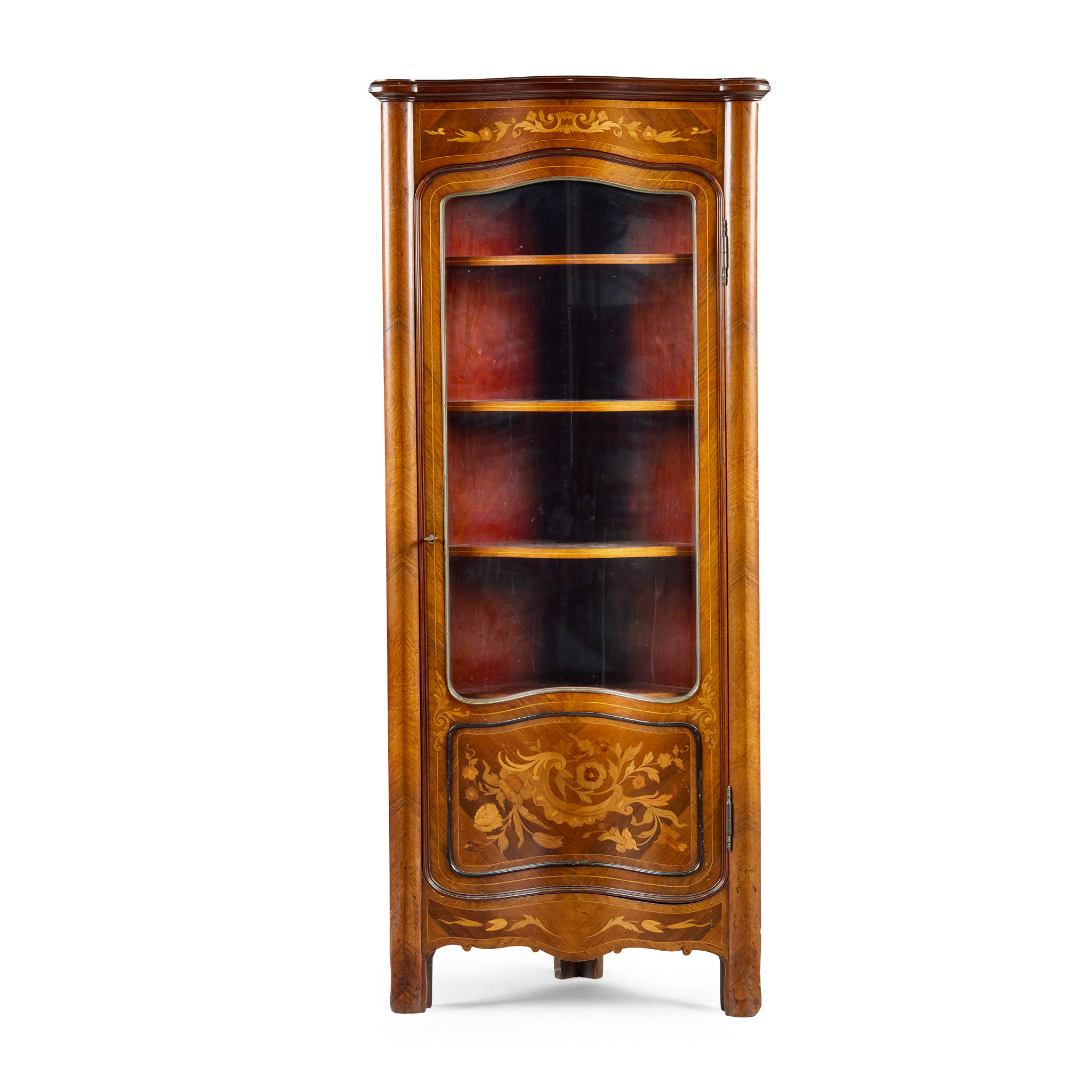 KINGWOOD AND FLORAL MARQUETRY SERPENTINE CORNER DISPLAY CABINET
