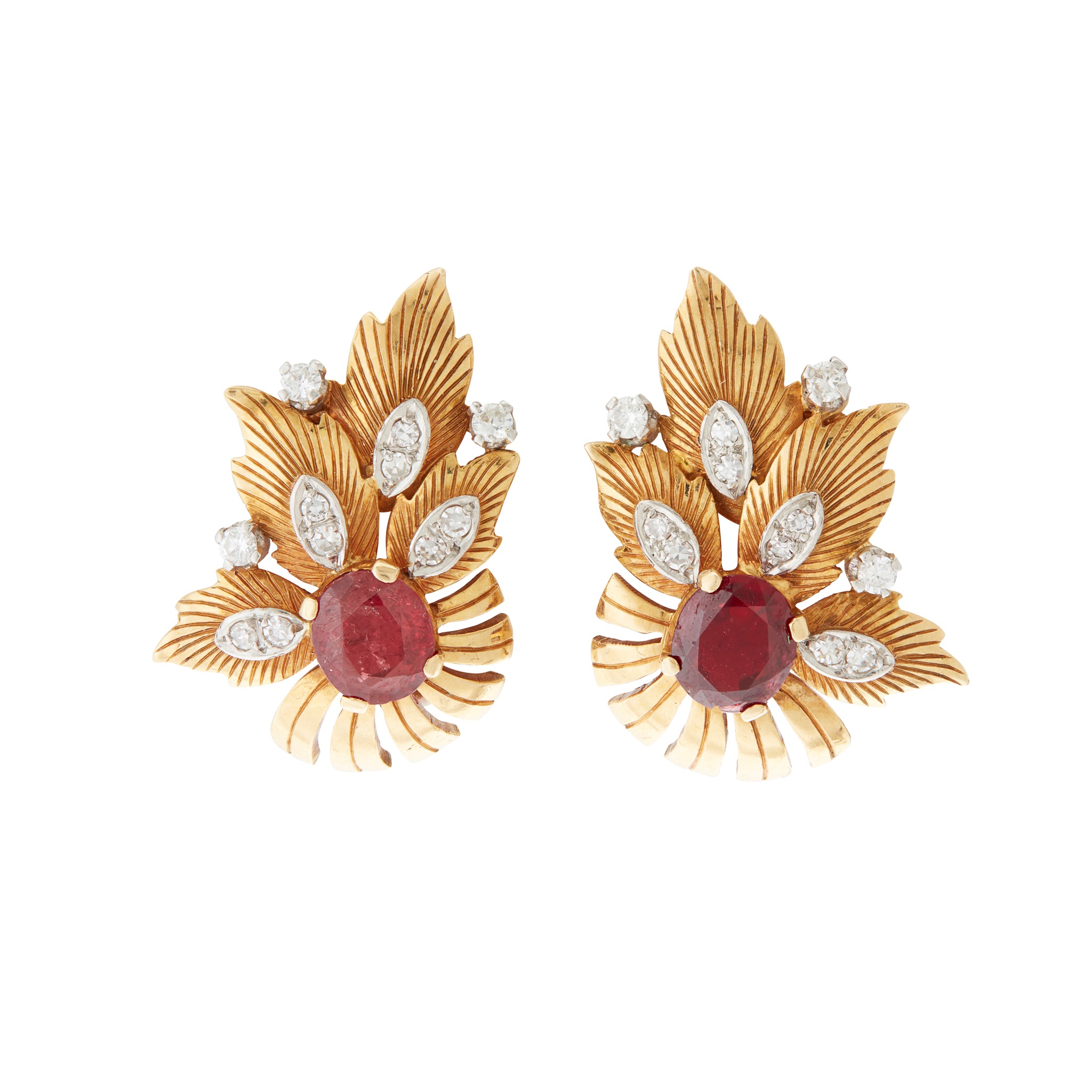 A pair of ruby and diamond floral earrings