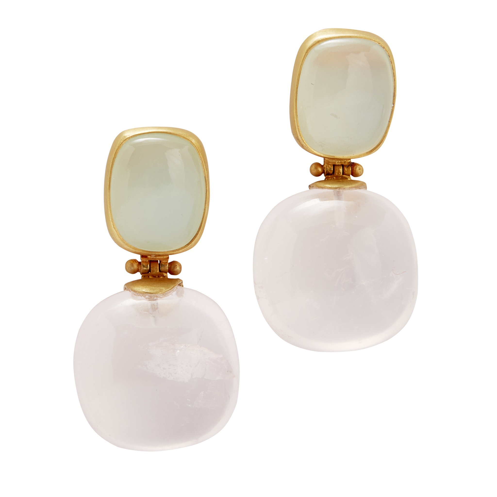 A pair of chalcedony and rose quartz pendant earrings