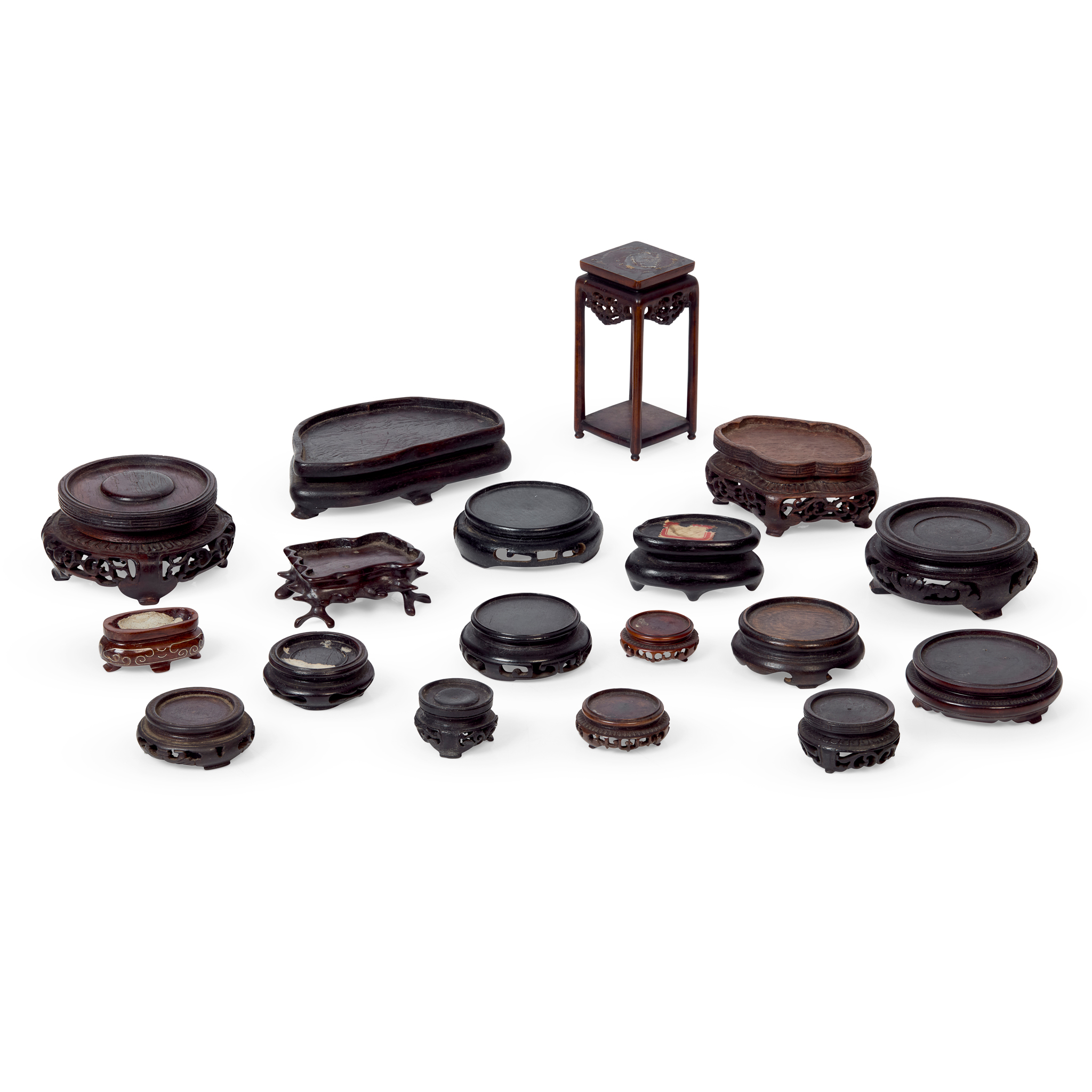 GROUP OF EIGHTEEN SMALL CHINESE WOODEN STANDS