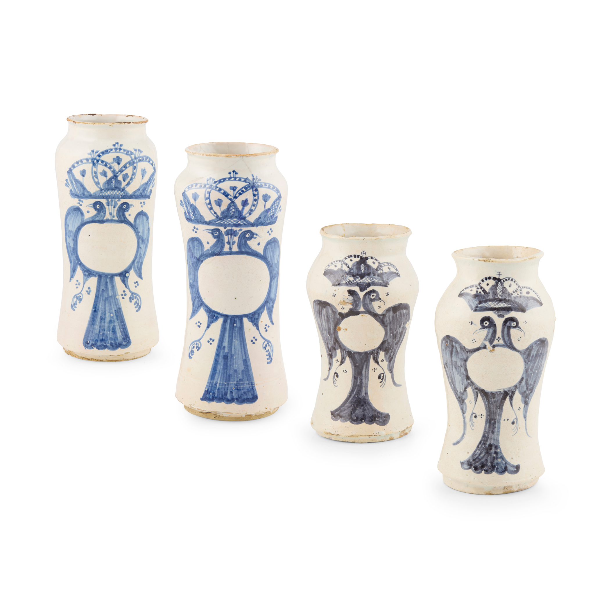 TWO PAIRS OF SPANISH TIN GLAZED ALBARELLI