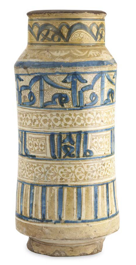 A large late 14th/early 15th century Hispano Moresque maiolica albarello Malaga or Manises