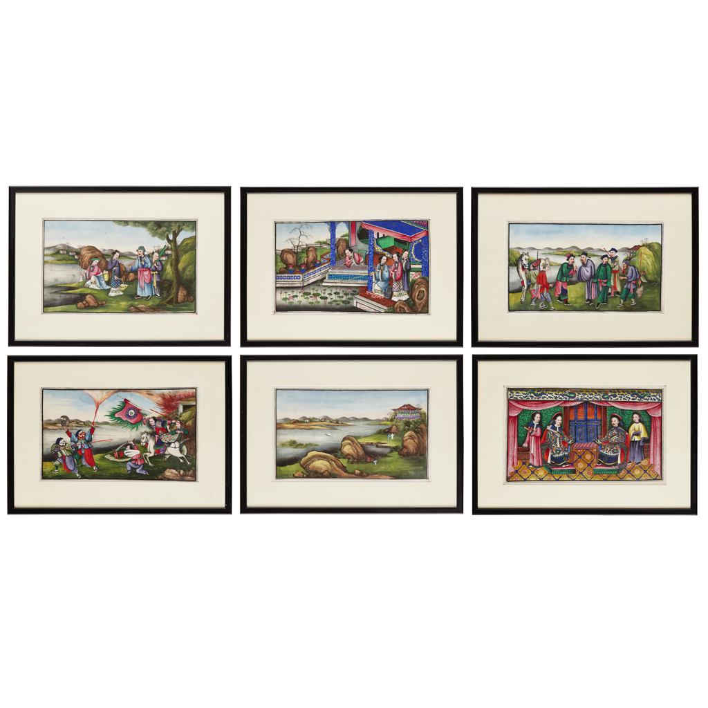 SET OF SIX PAINTINGS ON RICE PAPER