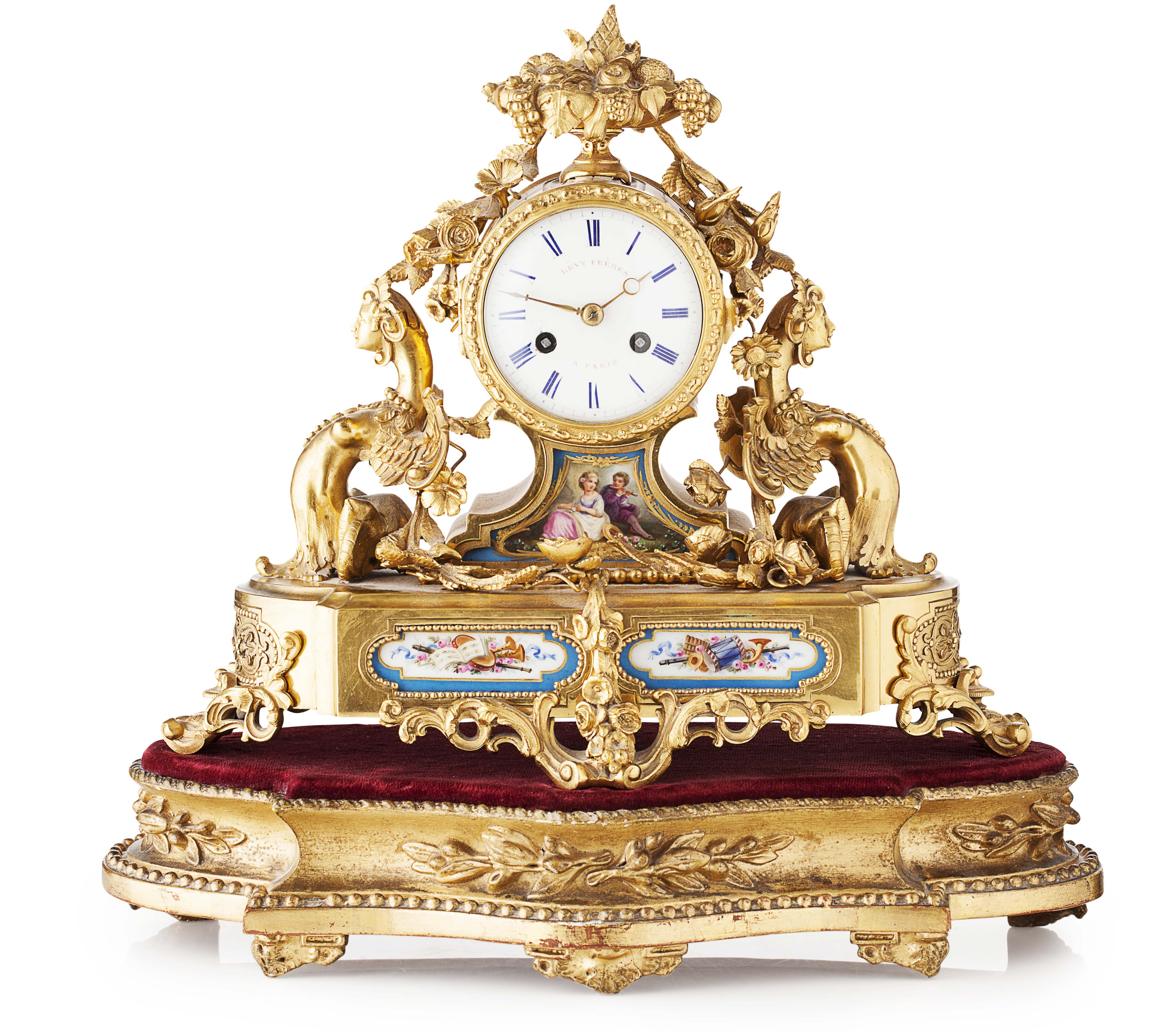 FRENCH LÉVY FRÈRES ORMOLU AND PORCELAIN MOUNTED MANTEL CLOCK