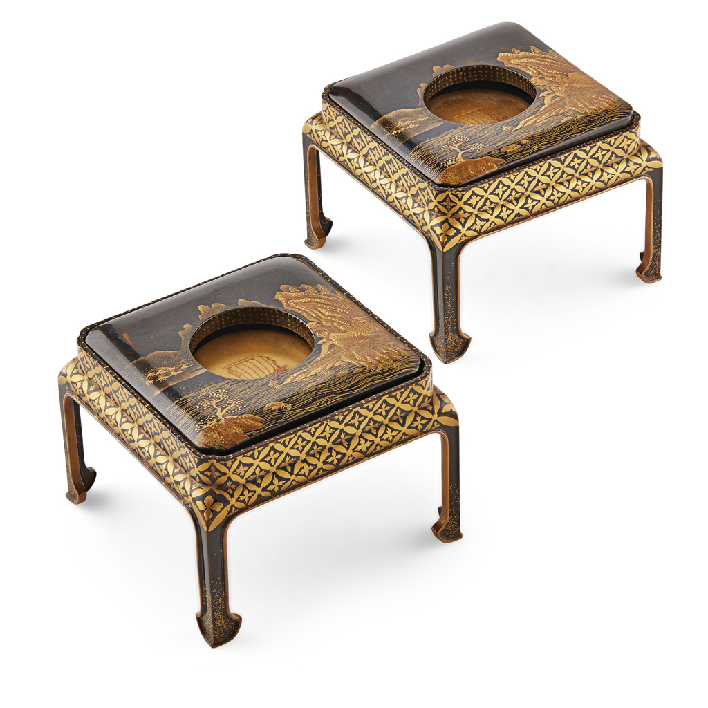 PAIR OF LACQUER SAKE CUP STANDS, HAIDAI