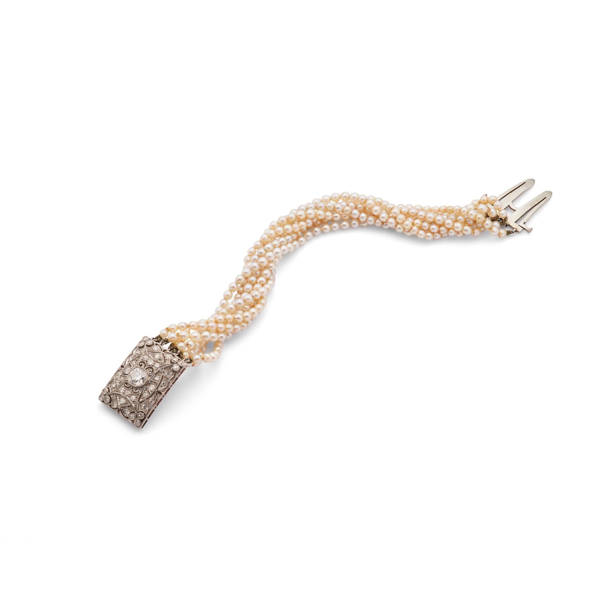 An early 20th century seed pearl and diamond multi-strand bracelet