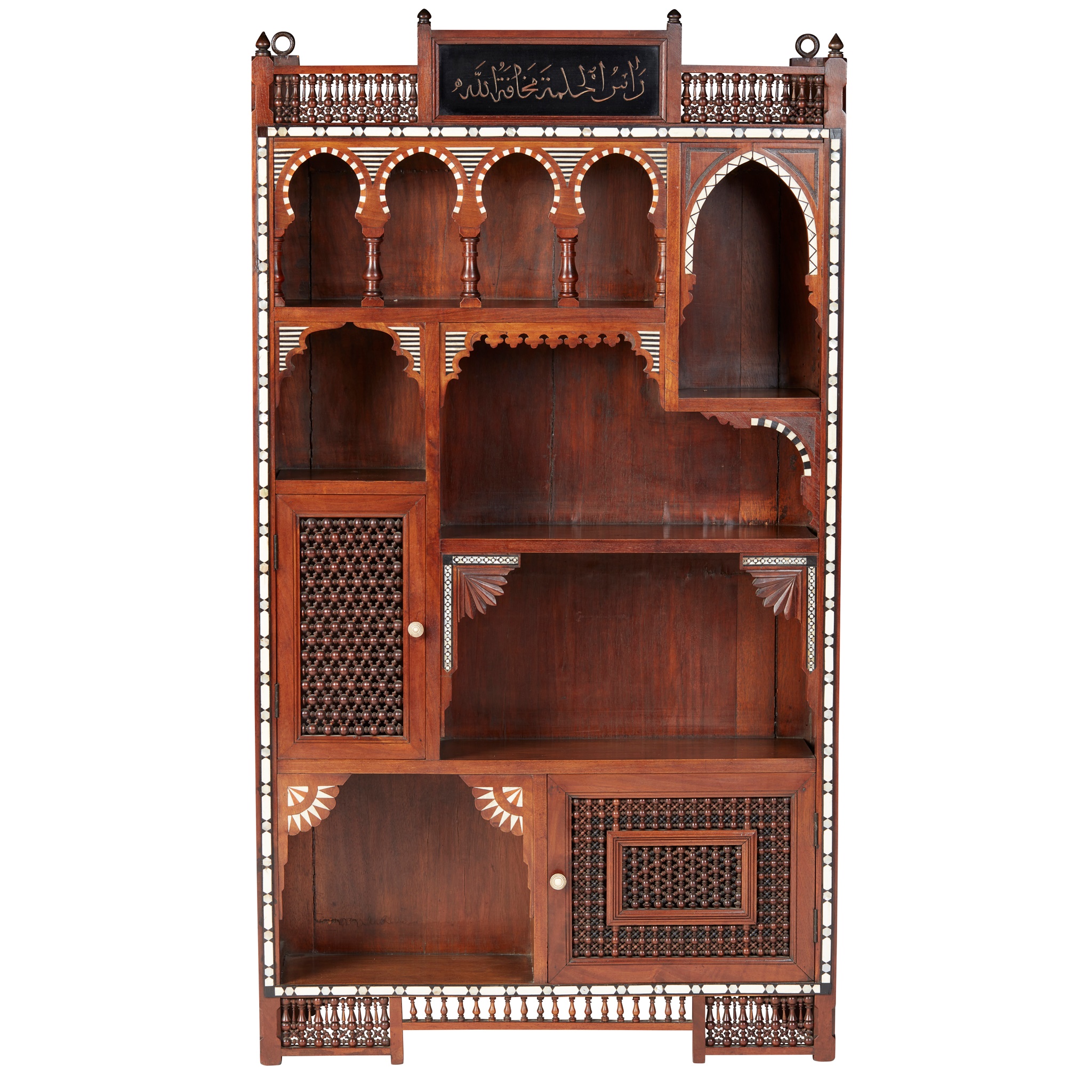 MASHRABIYA, HARDWOOD, BONE, MOTHER-OF-PEARL, AND EBONY HANGING CABINET