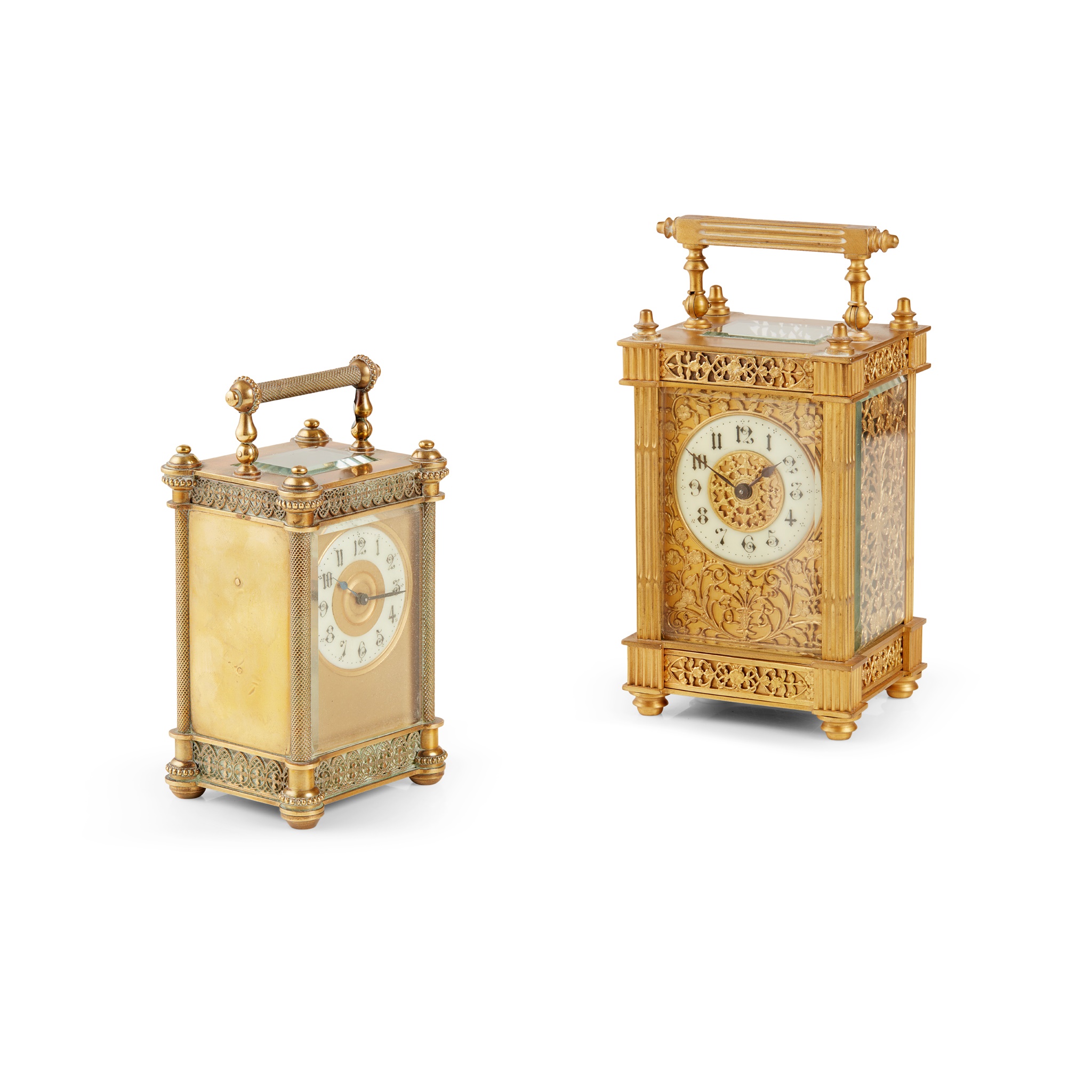 TWO FRENCH GILT BRONZE CARRIAGE CLOCKS