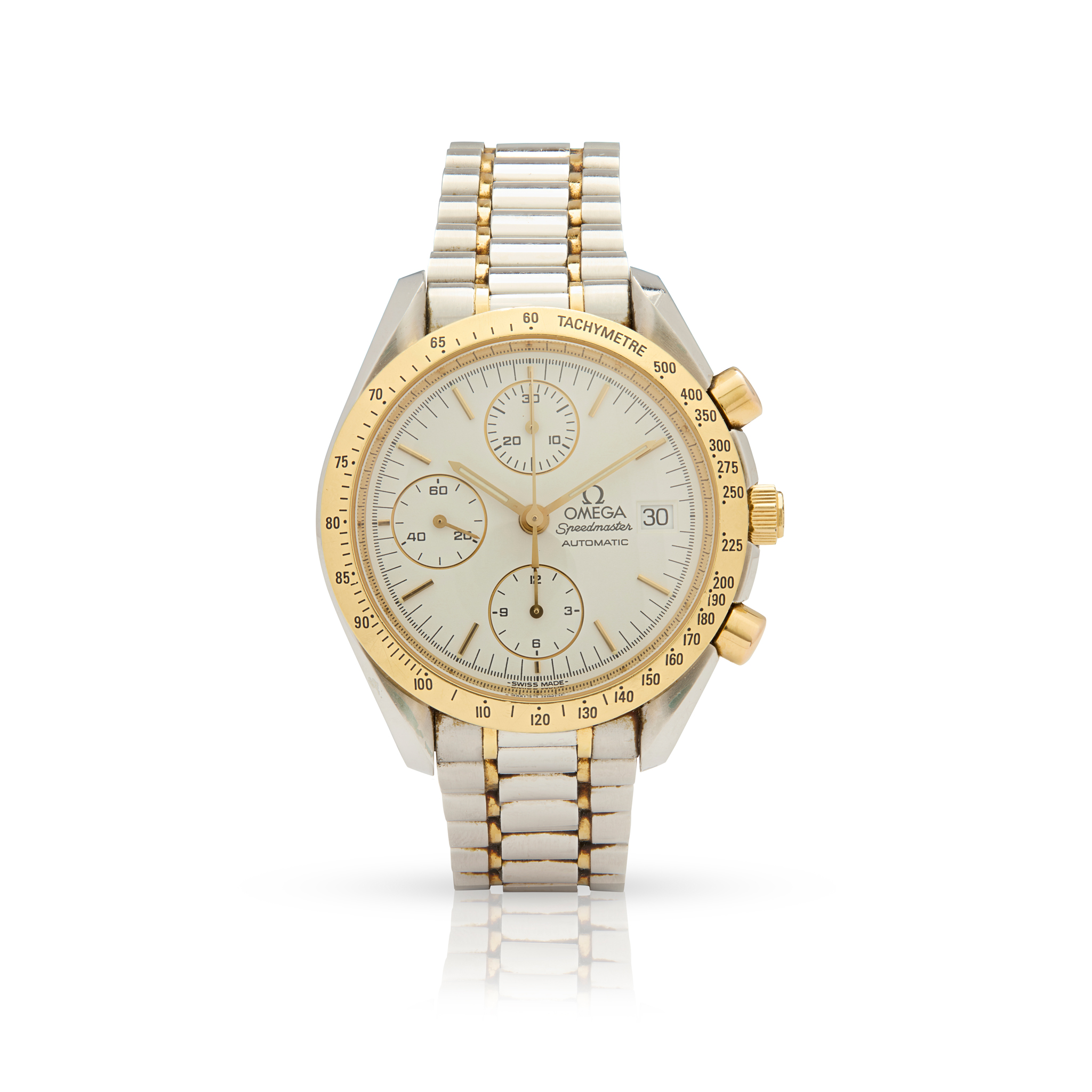 Omega. A stainless steel and gold automatic chronograph wristwatch