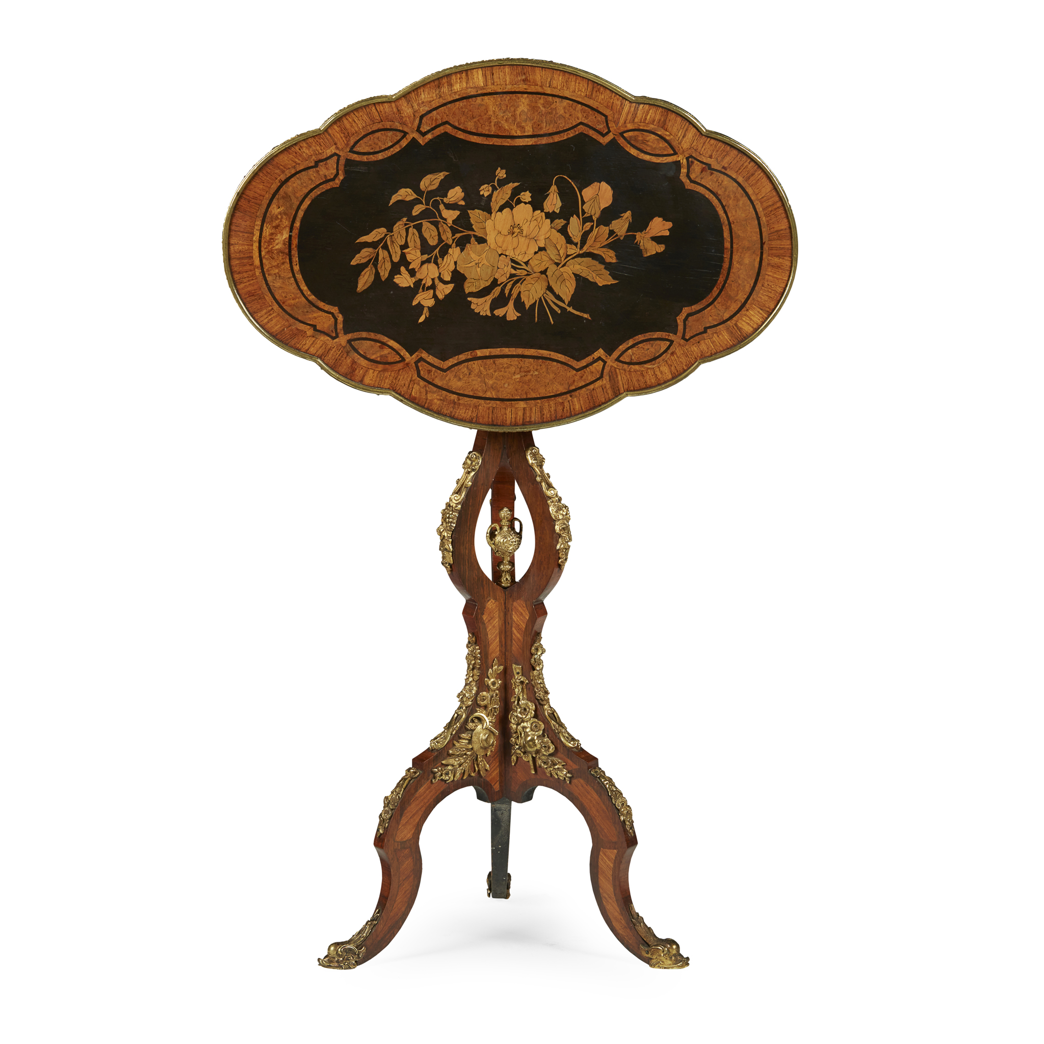 FRENCH WALNUT, ROSEWOOD, AND MARQUETRY ORMOLU MOUNTED OCCASIONAL TABLE