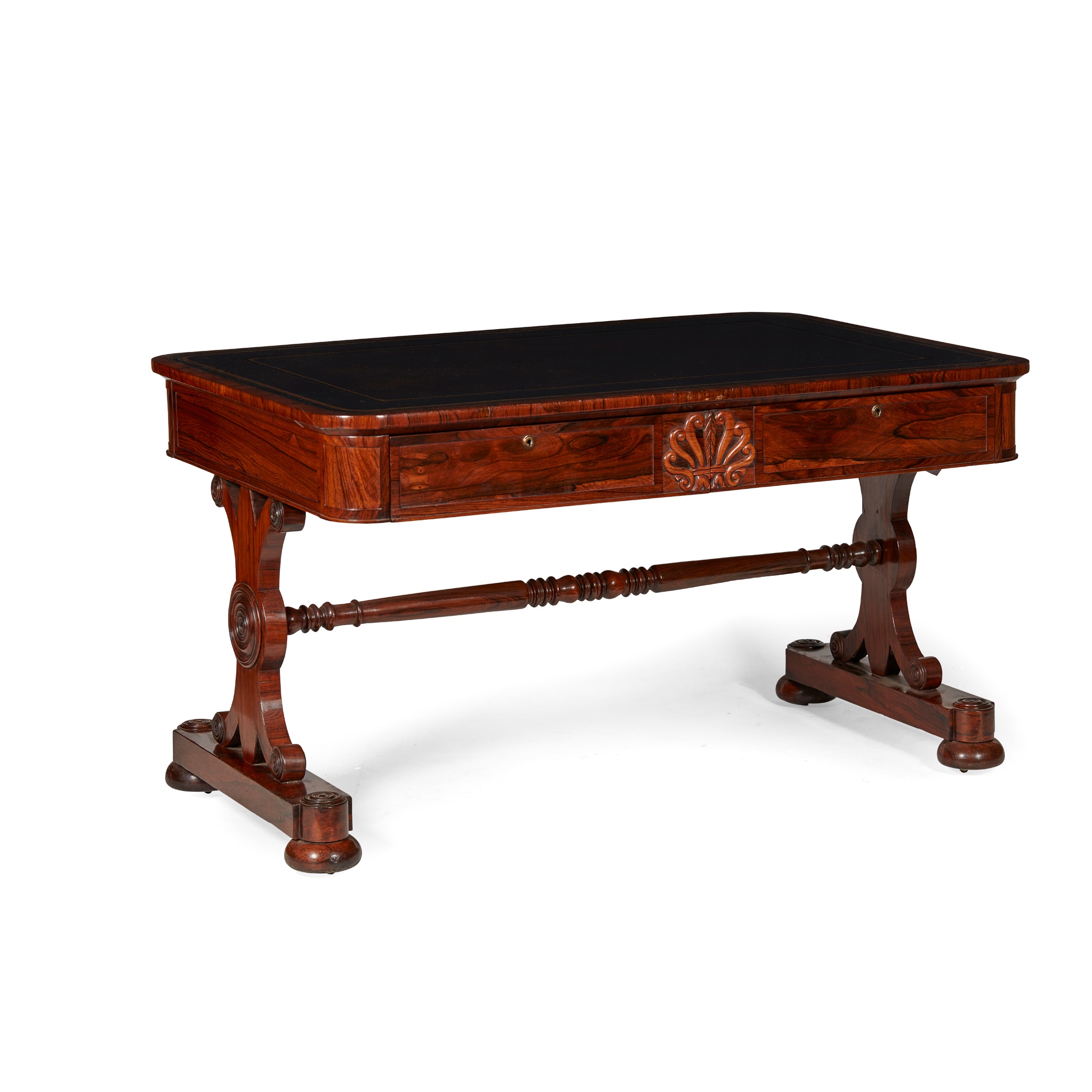 REGENCY CARVED ROSEWOOD END-SUPPORT WRITING TABLE, IN THE MANNER OF WILLIAM SMEE, MOORFIELDS, LONDON