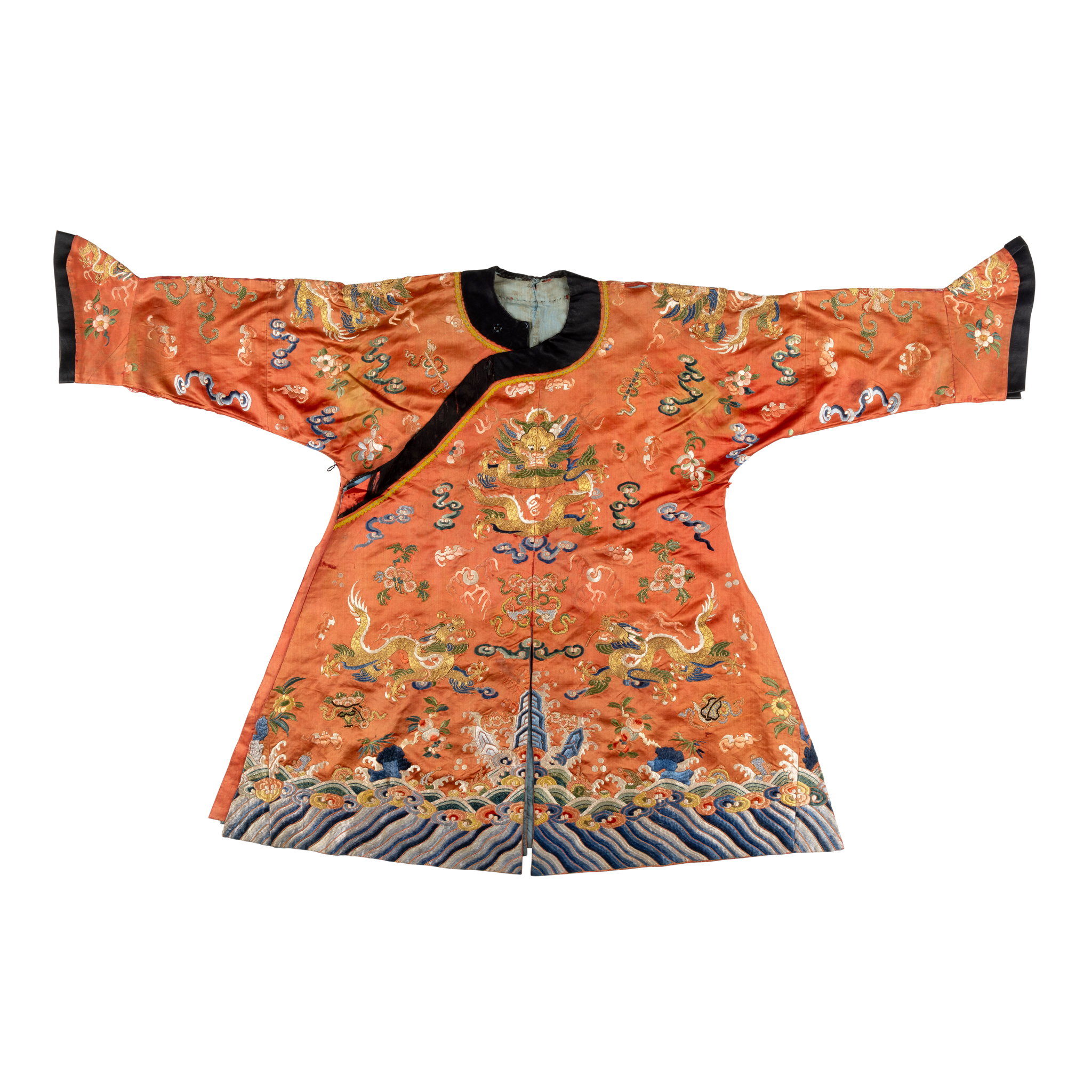CHINESE PERSIMMON-GROUND SILK EMBROIDERED ‘DRAGON’ ROBE