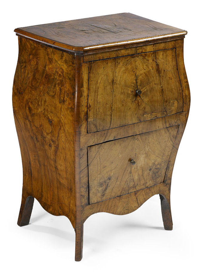 A late 18th century small Dutch walnut bombe chest