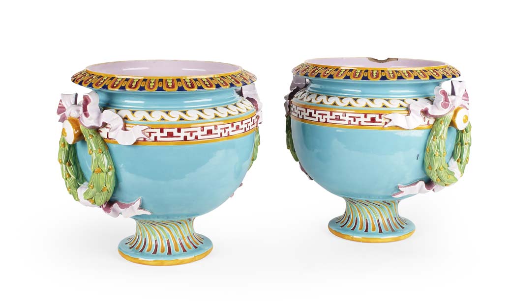 PAIR OF MINTON MAJOLICA JARDINIERES