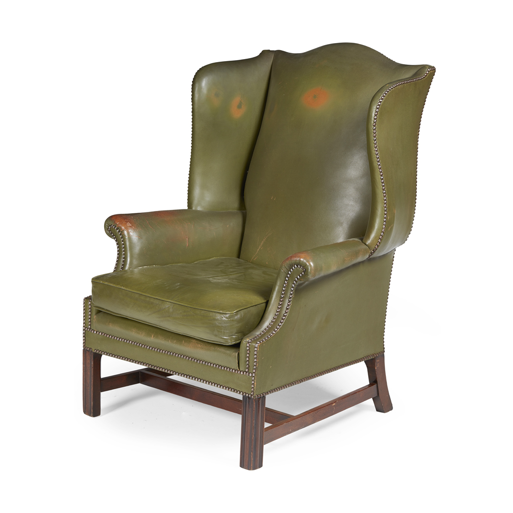 PAIR OF GEORGIAN STYLE LEATHER UPHOLSTERED WINGBACK ARMCHAIRS BY MAPLE & CO.