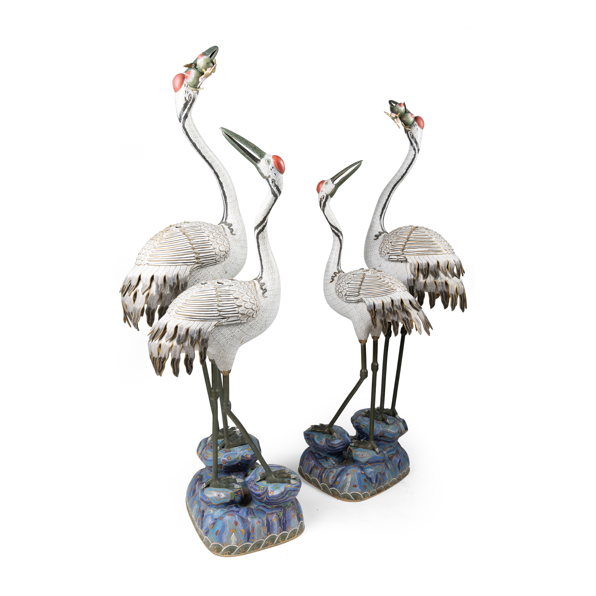 PAIR OF LARGE CLOISONNÉ ENAMEL MODELS OF DOUBLE CRANES