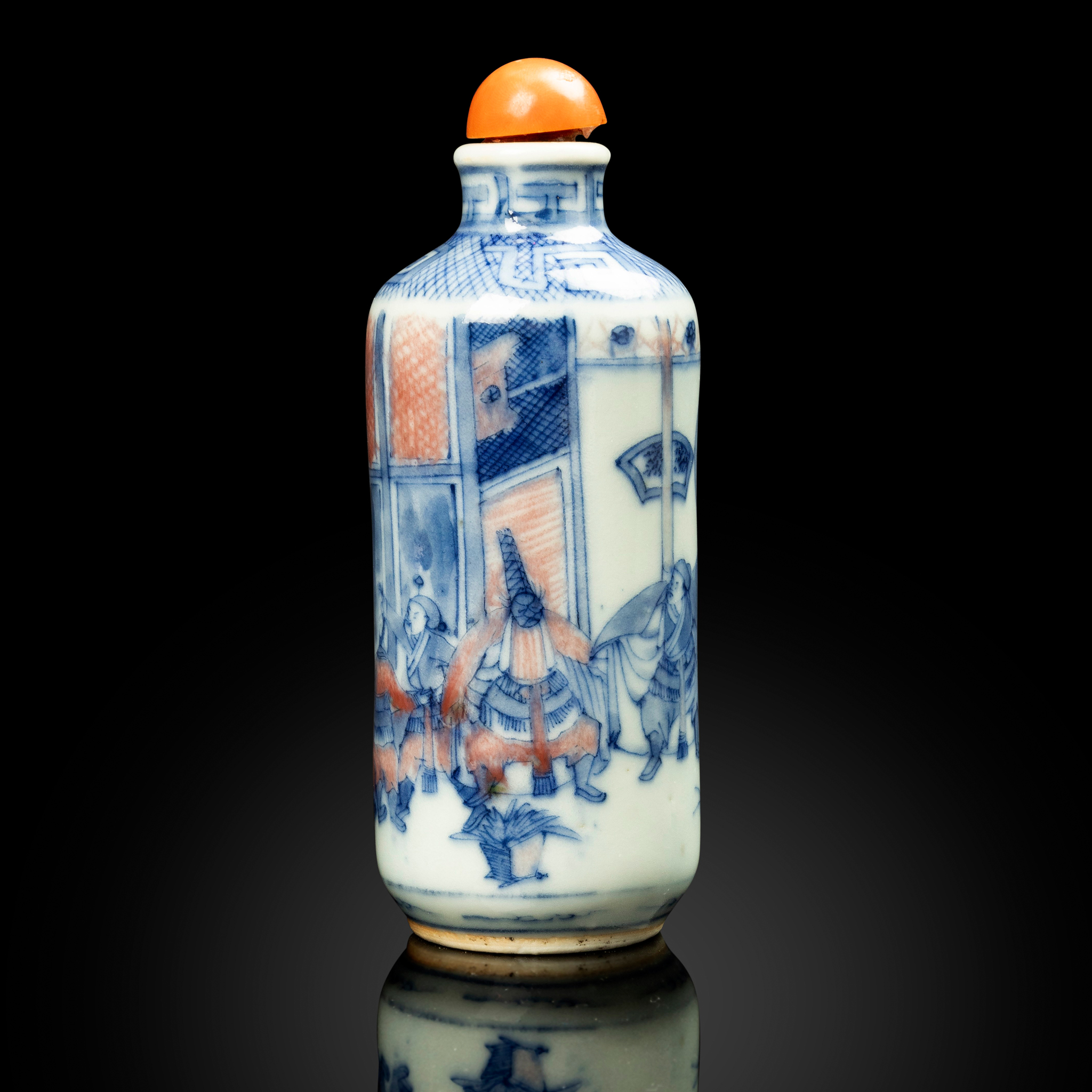 CHINESE COPPER RED WITH UNDERGLAZE BLUE SNUFF BOTTLE WITH THEATRICAL SCENE