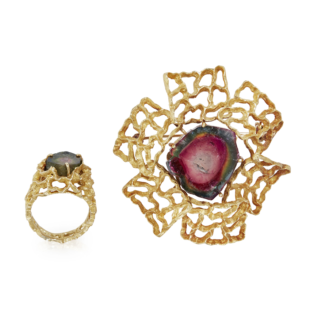 A tourmaline set brooch and matching ring, H. Stern