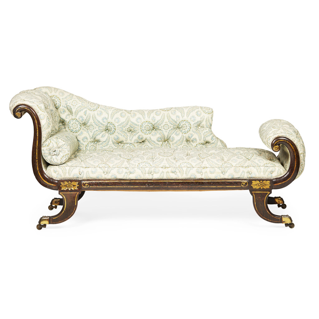 REGENCY ROSEWOOD GRAIN PAINTED AND GILT DECORATED CHAISE LONGUE