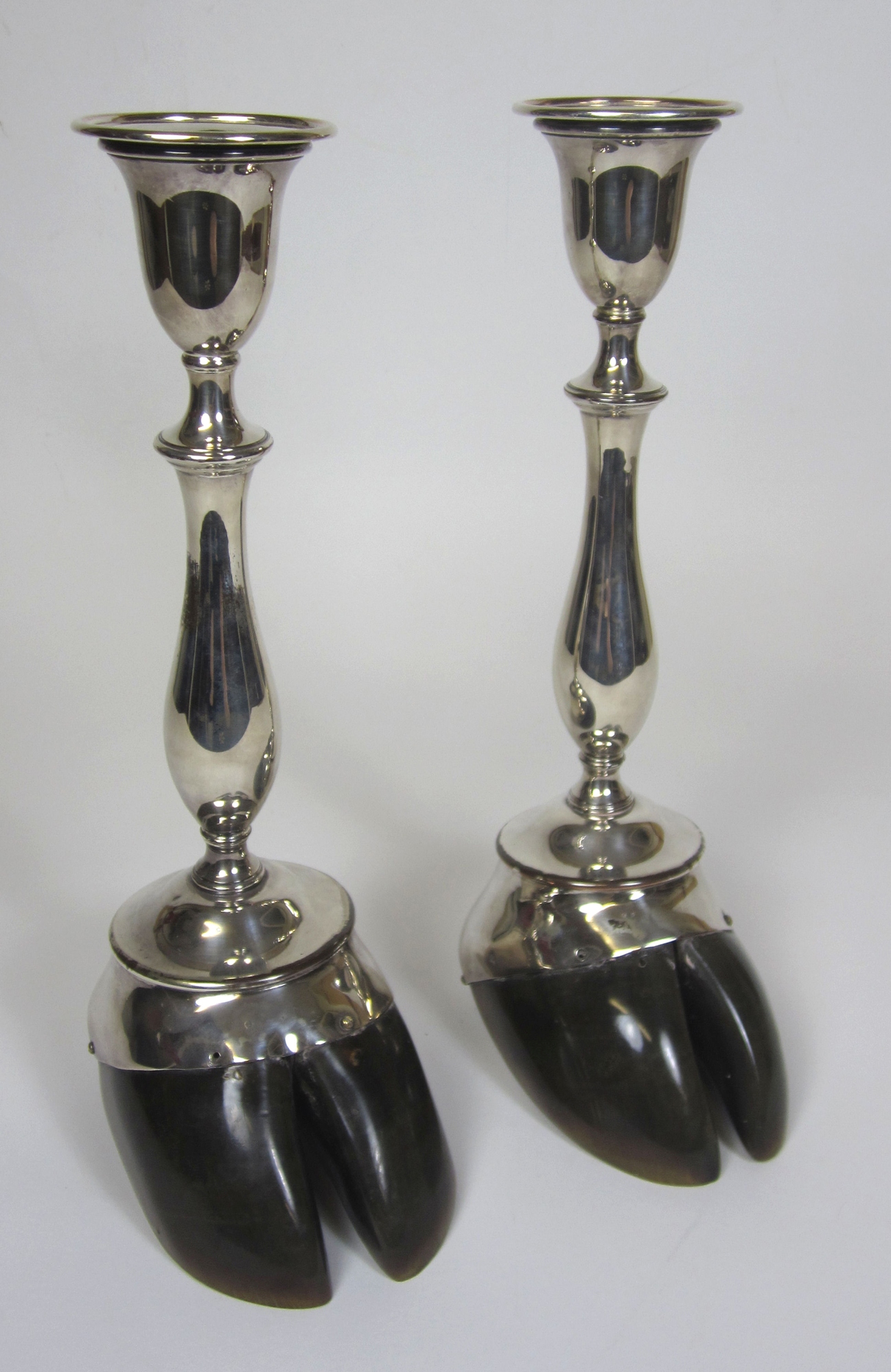 TAXIDERMY - PAIR OF SHEFFIELD PLATED CATTLE HOOF MOUNTED CANDLESTICKS