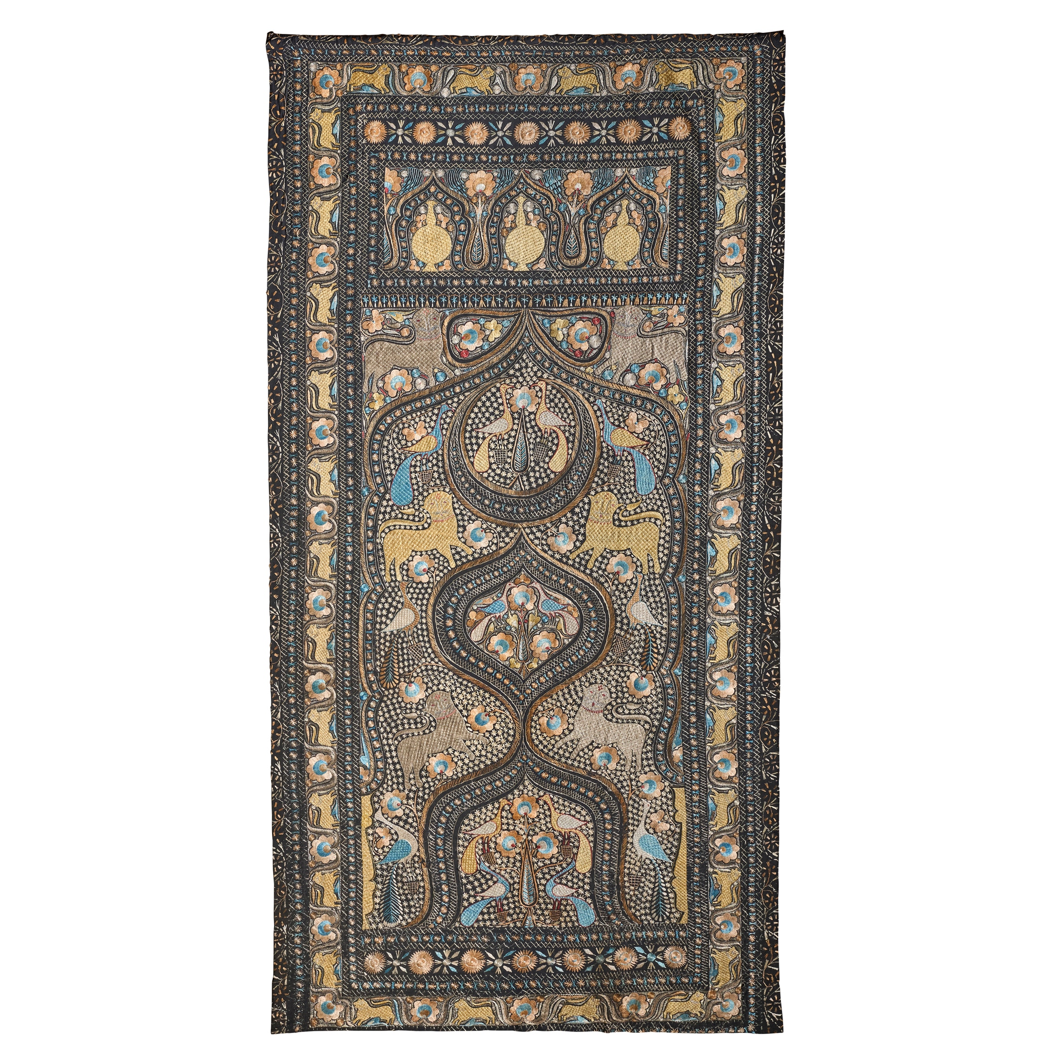 AN INDO-PERSIAN SILK AND WOOL EMBROIDERED HANGING